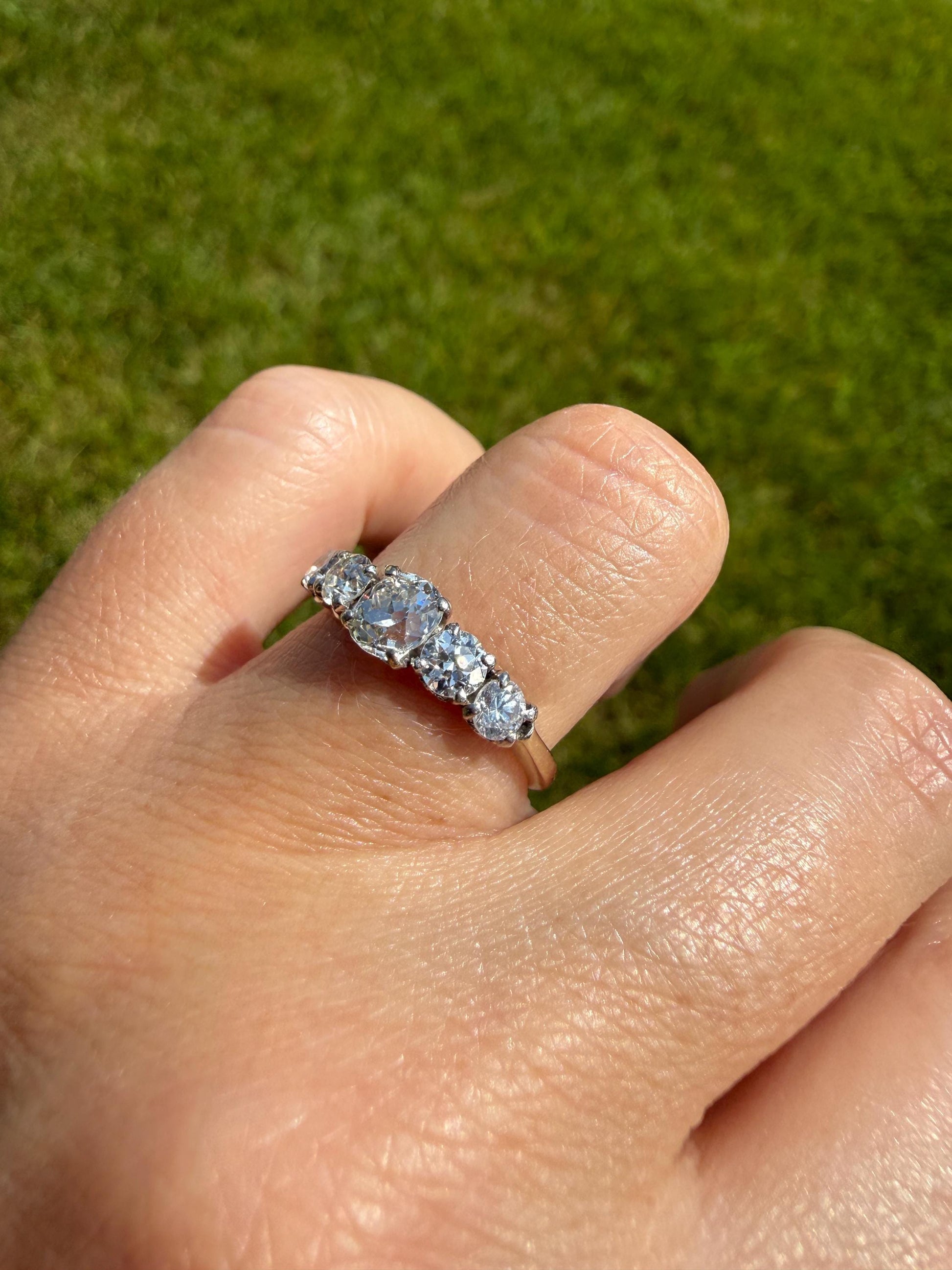 Five Stone 1.2 Carat Old Mine & Transitional Cut Natural Diamond Band French 18k White Gold Platinum Stacker Ring