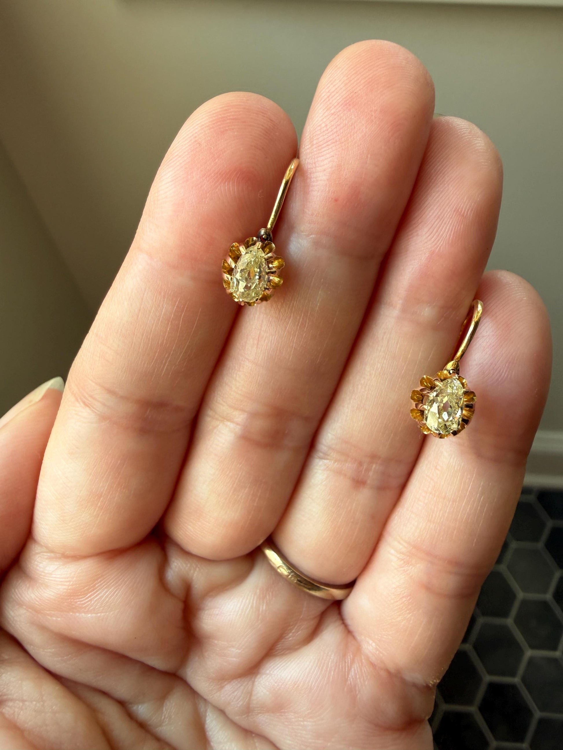Rare PEAR Pale Yellow Old Mine Cut ANTIQUE One Carat Diamond Dormeuse Earrings 18k Gold Fixed Buttercup Setting Minimalist Sparkle Victorian