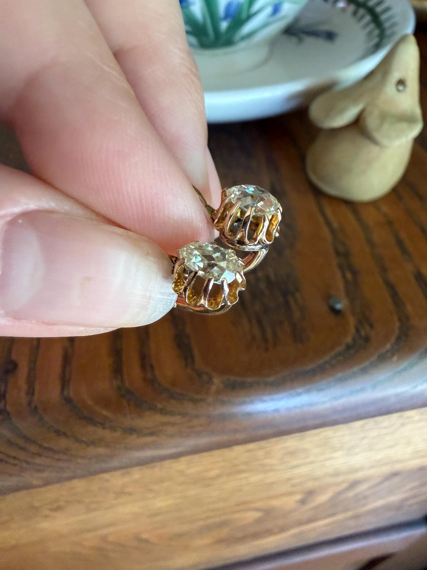 Rare PEAR Pale Yellow Old Mine Cut ANTIQUE One Carat Diamond Dormeuse Earrings 18k Gold Fixed Buttercup Setting Minimalist Sparkle Victorian