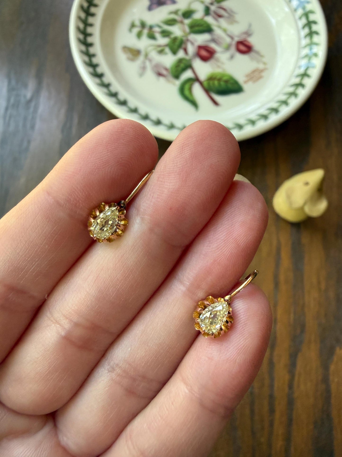 Rare PEAR Pale Yellow Old Mine Cut ANTIQUE One Carat Diamond Dormeuse Earrings 18k Gold Fixed Buttercup Setting Minimalist Sparkle Victorian