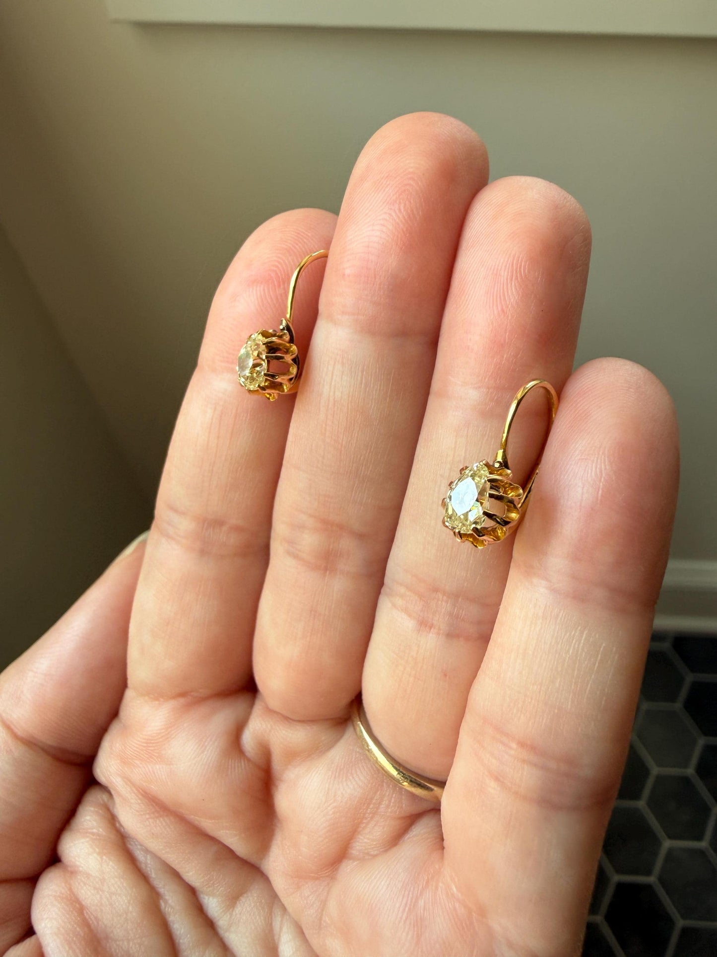 Rare PEAR Pale Yellow Old Mine Cut ANTIQUE One Carat Diamond Dormeuse Earrings 18k Gold Fixed Buttercup Setting Minimalist Sparkle Victorian