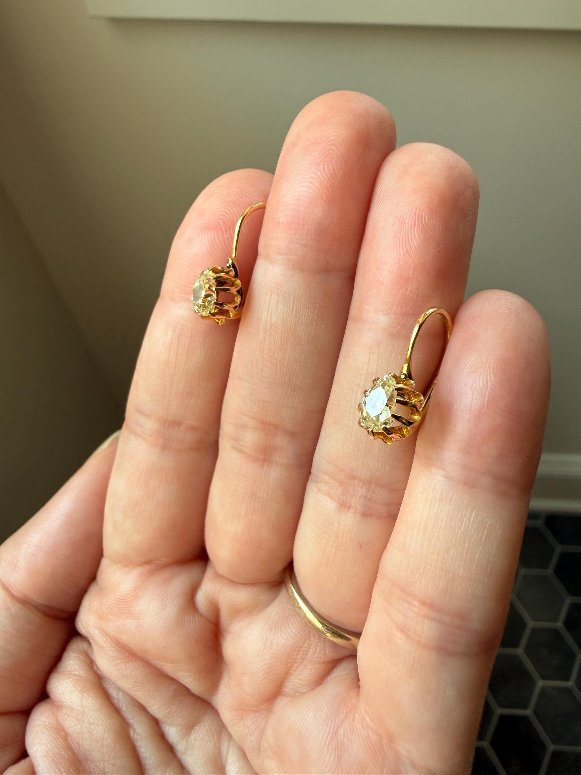 Rare PEAR Pale Yellow Old Mine Cut ANTIQUE One Carat Diamond Dormeuse Earrings 18k Gold Fixed Buttercup Setting Minimalist Sparkle Victorian