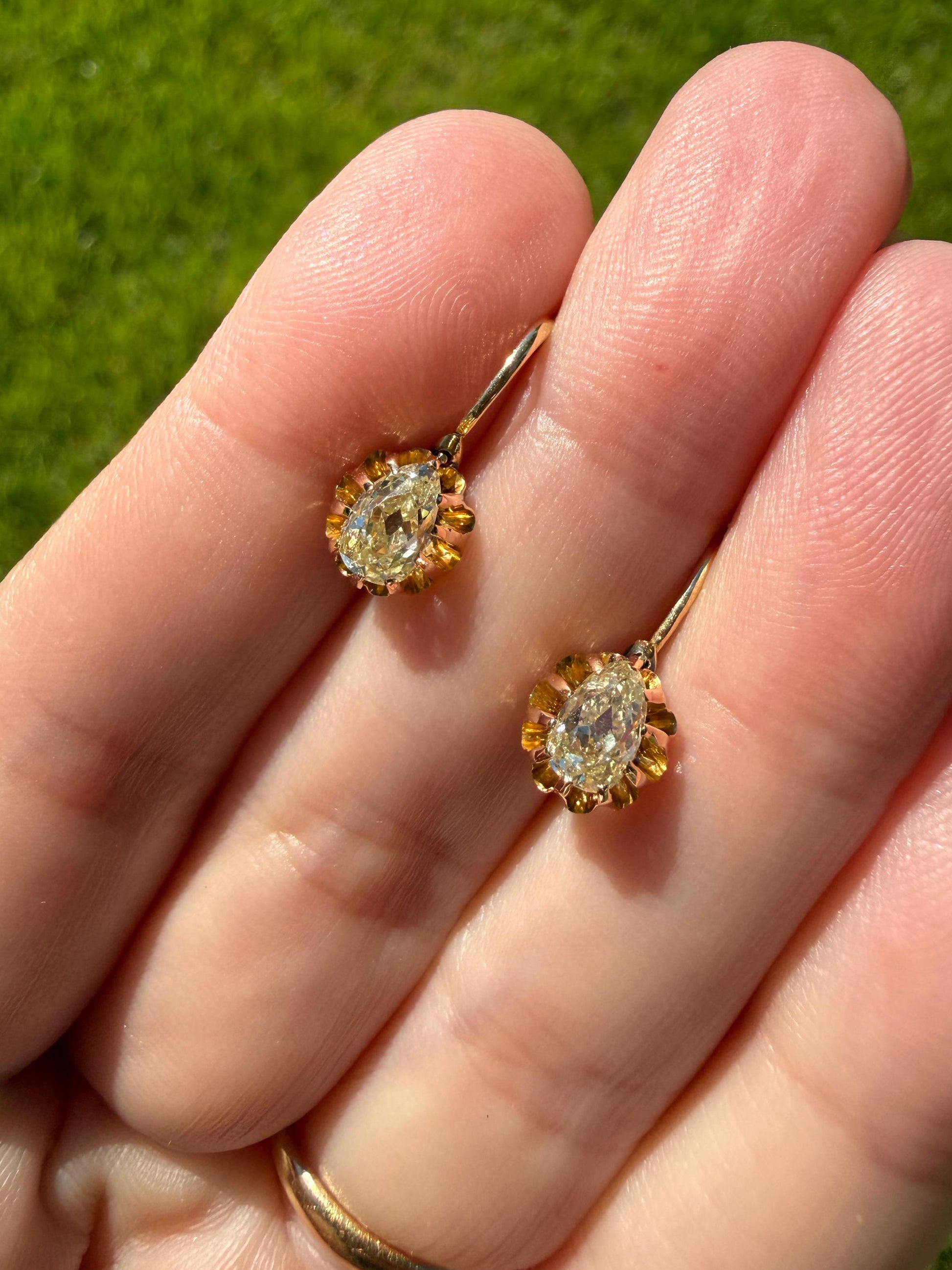 Rare PEAR Pale Yellow Old Mine Cut ANTIQUE One Carat Diamond Dormeuse Earrings 18k Gold Fixed Buttercup Setting Minimalist Sparkle Victorian