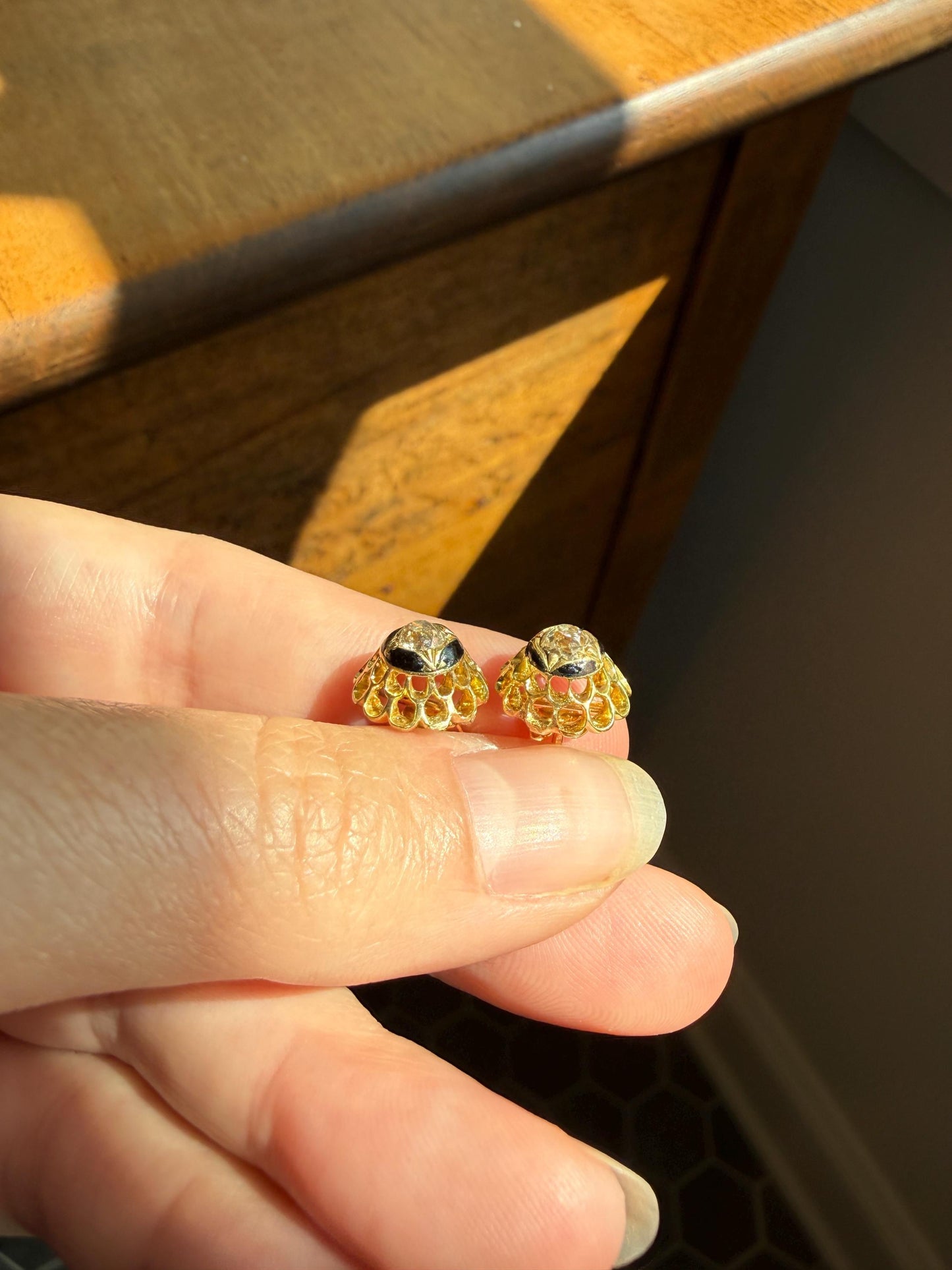 Antique Buttercup 0.5 Carat Old Mine Cut Diamond Stud Victorian Earrings 18k Gold Solid Scalloped Domed Black Enamel Halo Ornate