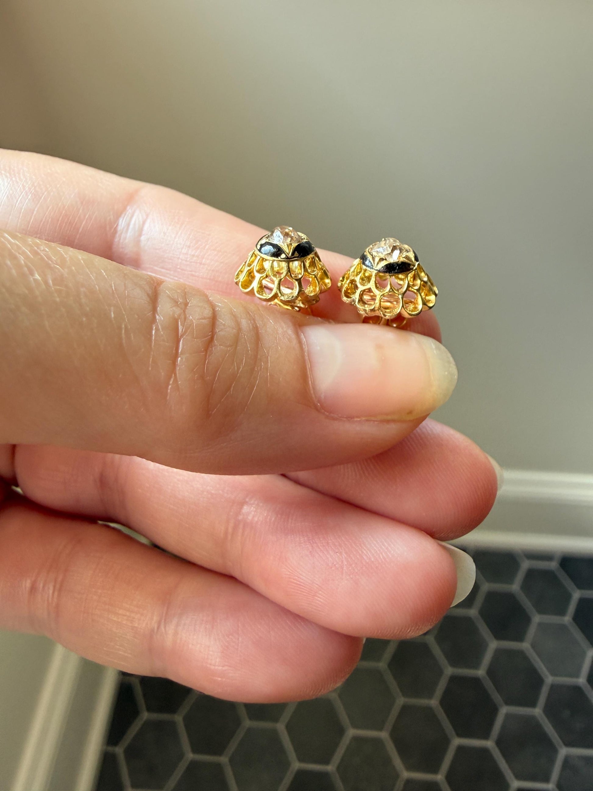Antique Buttercup 0.5 Carat Old Mine Cut Diamond Stud Victorian Earrings 18k Gold Solid Scalloped Domed Black Enamel Halo Ornate
