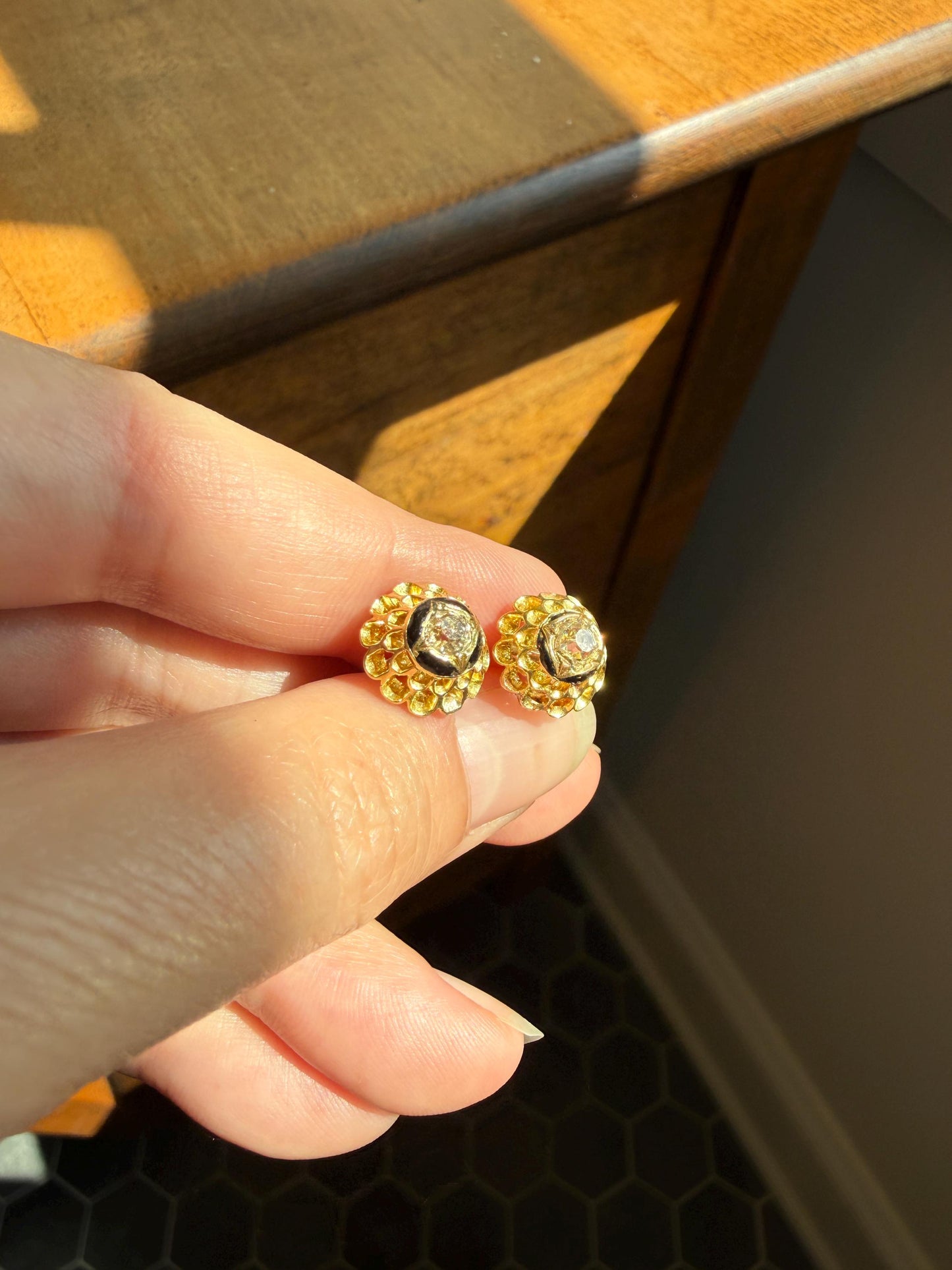 Antique Buttercup 0.5 Carat Old Mine Cut Diamond Stud Victorian Earrings 18k Gold Solid Scalloped Domed Black Enamel Halo Ornate