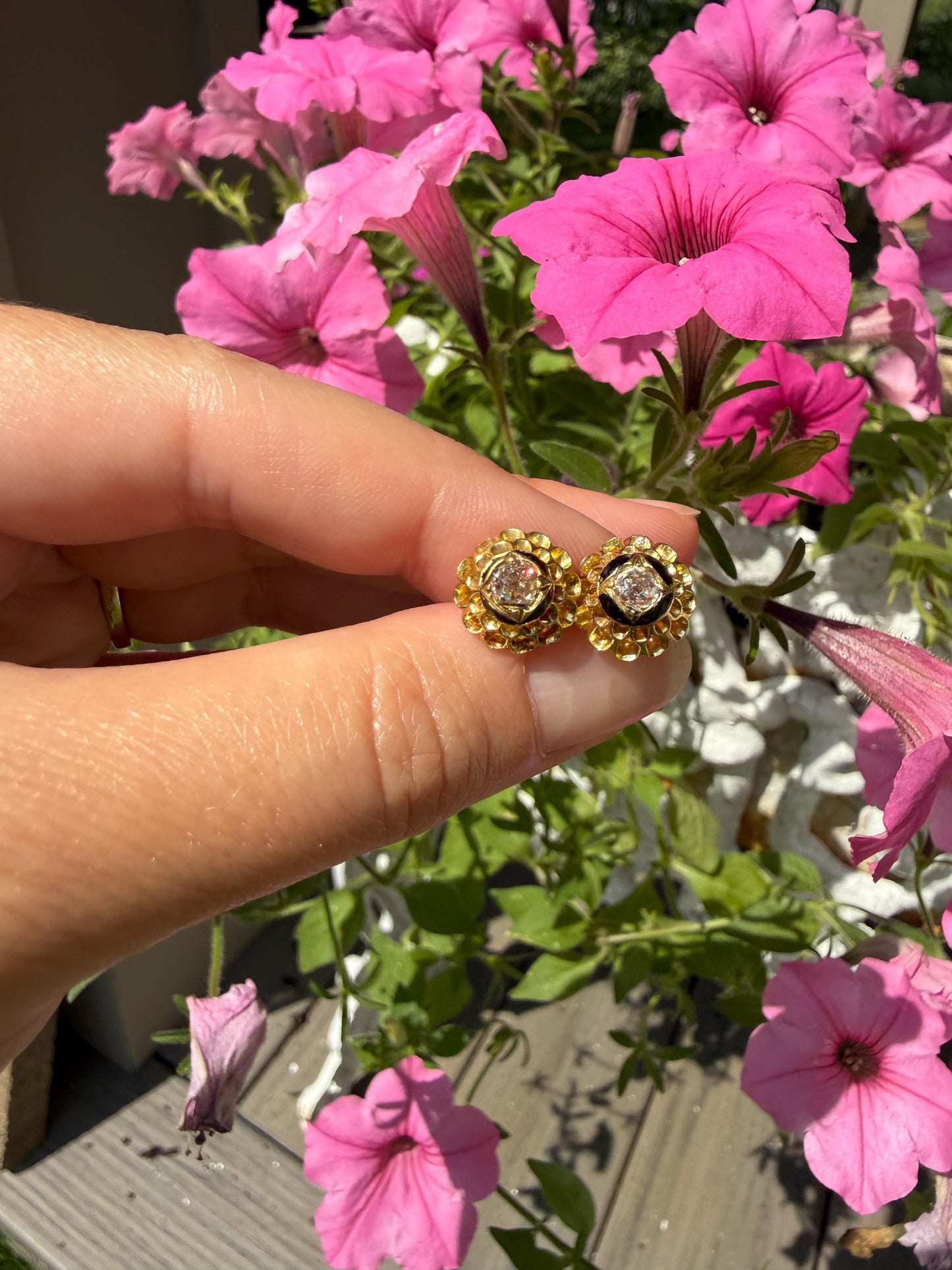 Antique Buttercup 0.5 Carat Old Mine Cut Diamond Stud Victorian Earrings 18k Gold Solid Scalloped Domed Black Enamel Halo Ornate