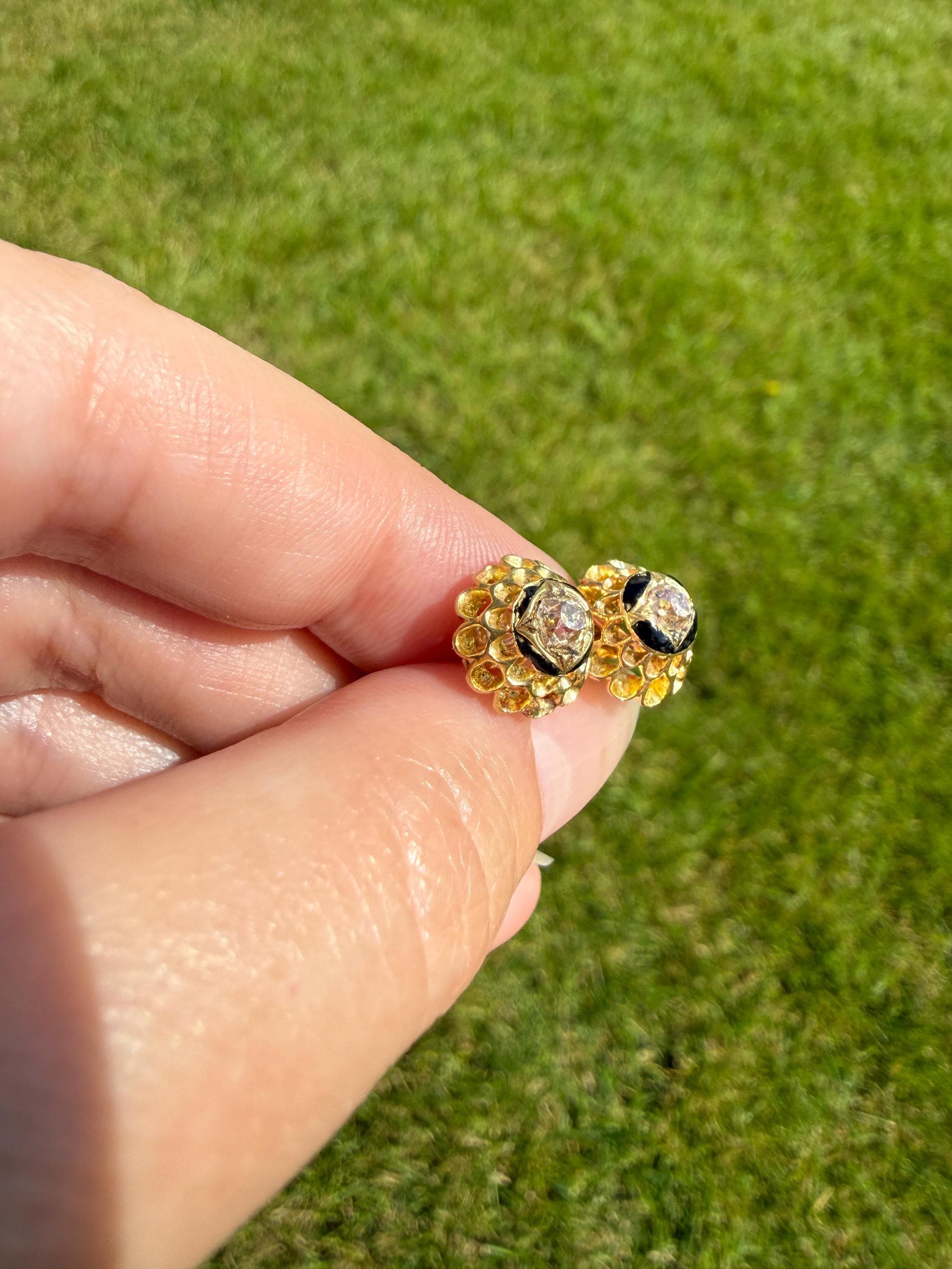 Antique Buttercup 0.5 Carat Old Mine Cut Diamond Stud Victorian Earrings 18k Gold Solid Scalloped Domed Black Enamel Halo Ornate