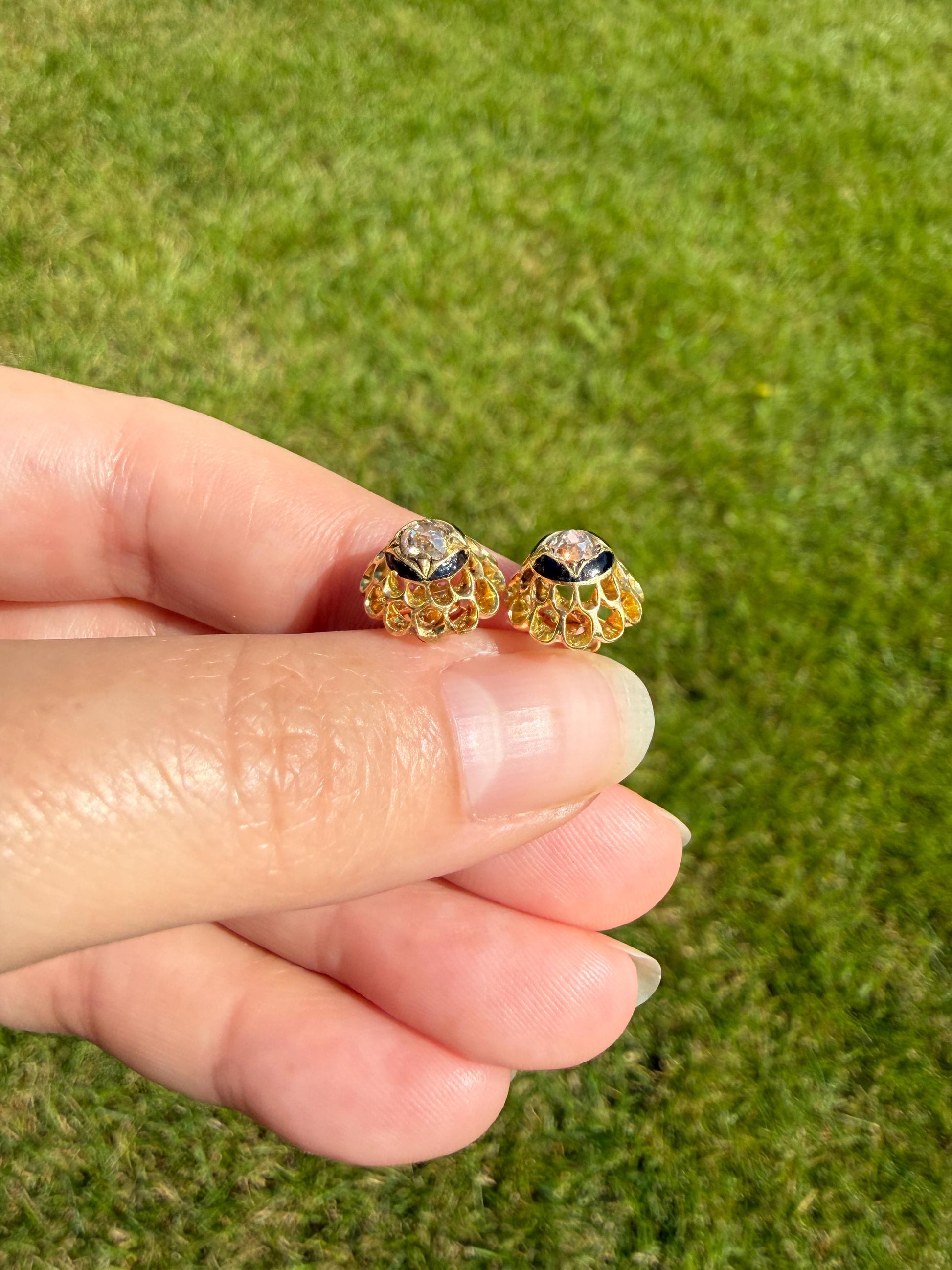 Antique Buttercup 0.5 Carat Old Mine Cut Diamond Stud Victorian Earrings 18k Gold Solid Scalloped Domed Black Enamel Halo Ornate