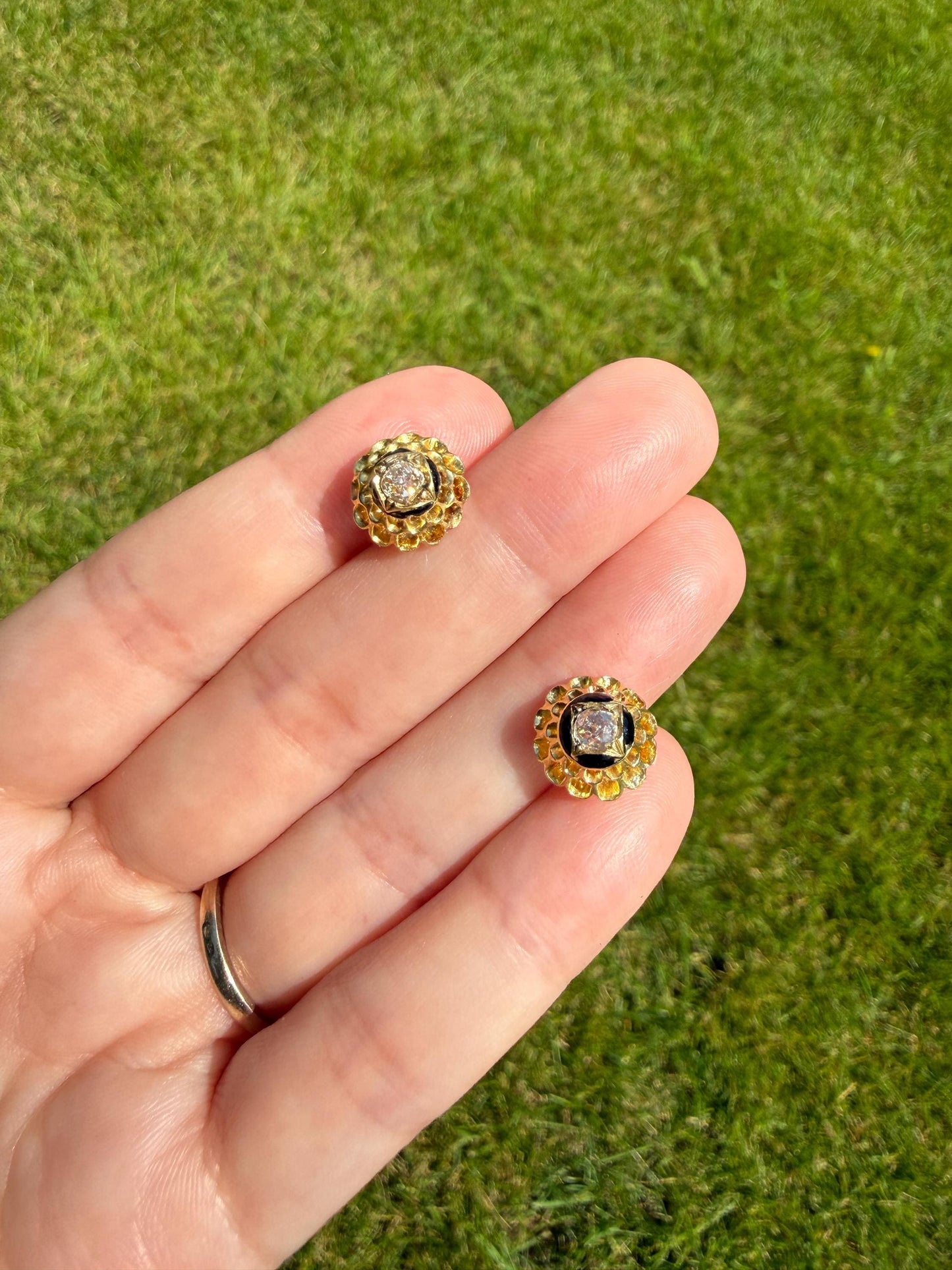 Antique Buttercup 0.5 Carat Old Mine Cut Diamond Stud Victorian Earrings 18k Gold Solid Scalloped Domed Black Enamel Halo Ornate