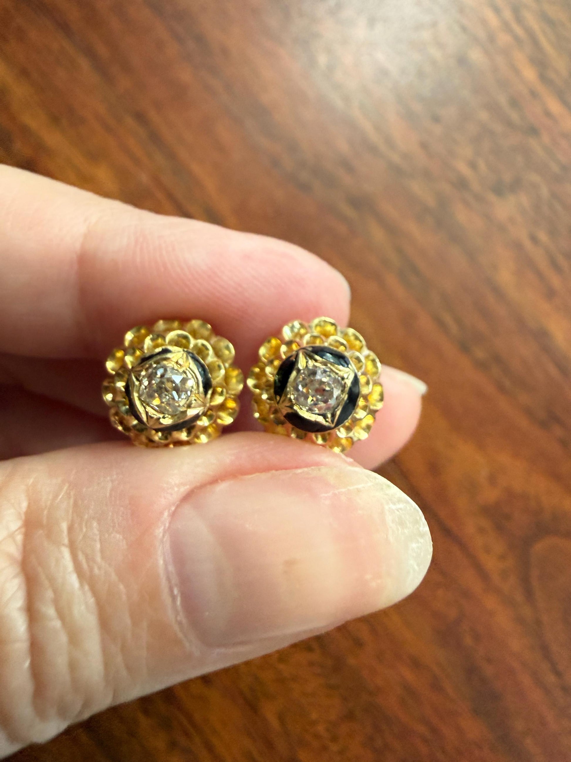 Antique Buttercup 0.5 Carat Old Mine Cut Diamond Stud Victorian Earrings 18k Gold Solid Scalloped Domed Black Enamel Halo Ornate