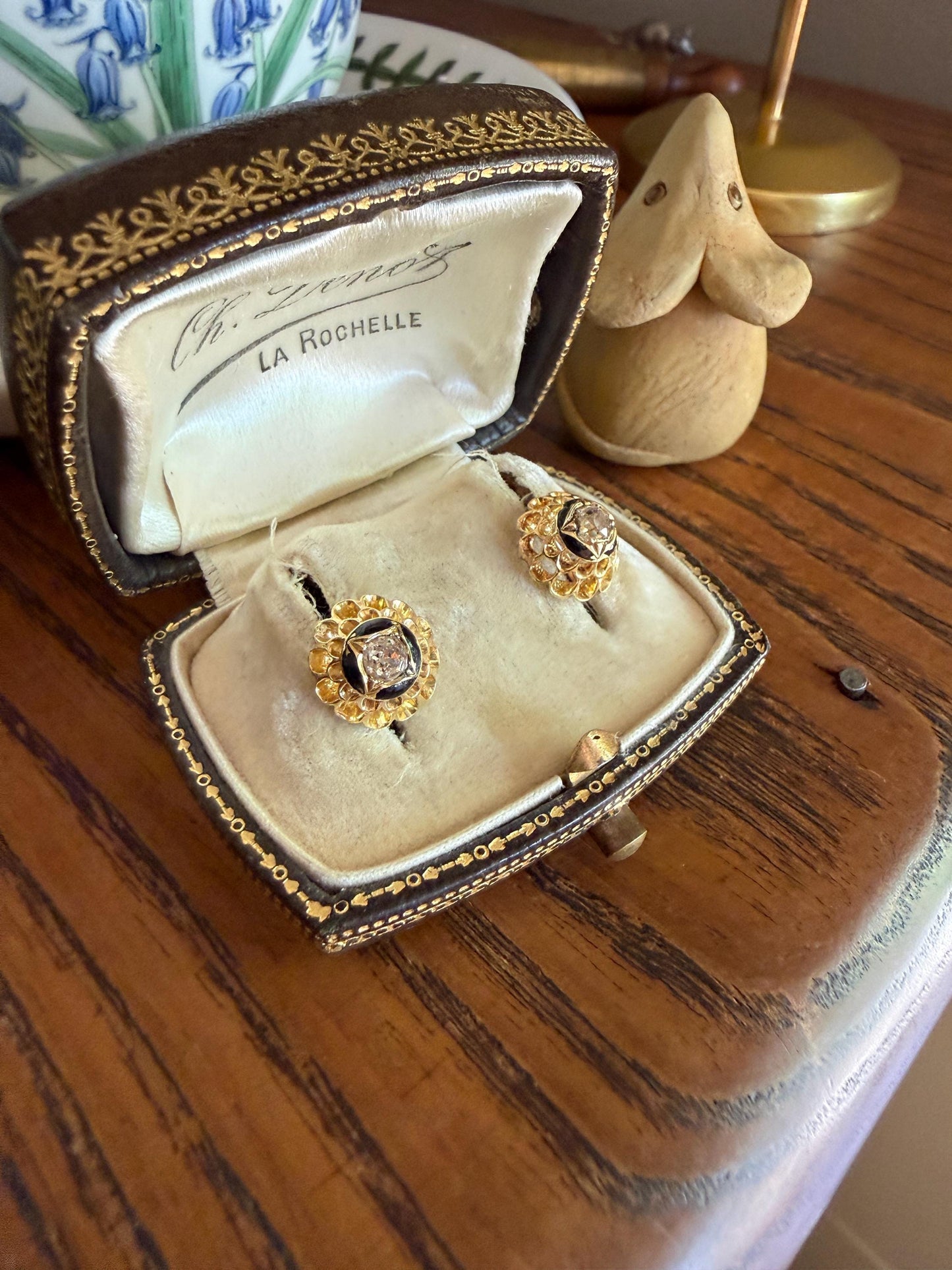 Antique Buttercup 0.5 Carat Old Mine Cut Diamond Stud Victorian Earrings 18k Gold Solid Scalloped Domed Black Enamel Halo Ornate