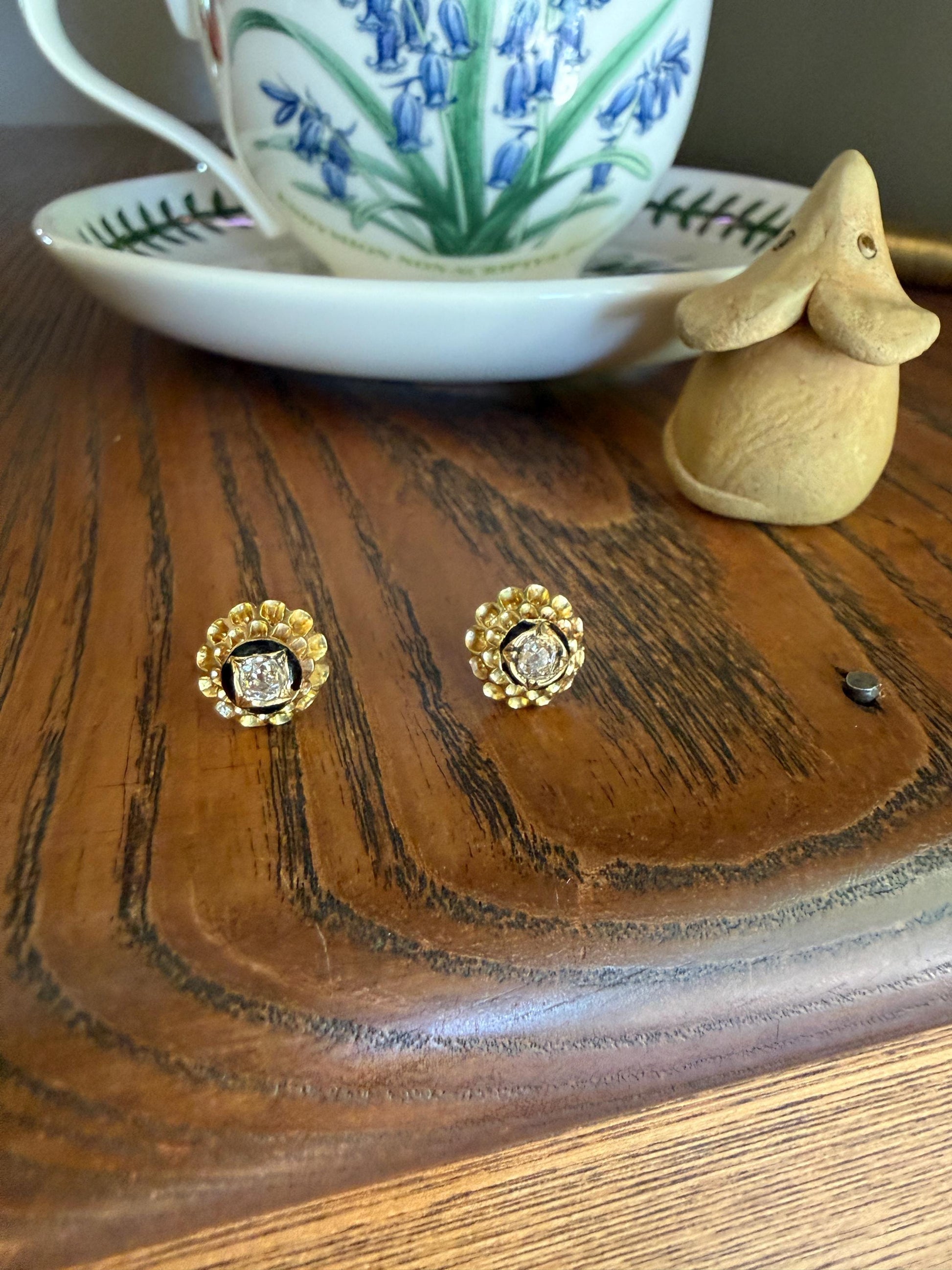 Antique Buttercup 0.5 Carat Old Mine Cut Diamond Stud Victorian Earrings 18k Gold Solid Scalloped Domed Black Enamel Halo Ornate