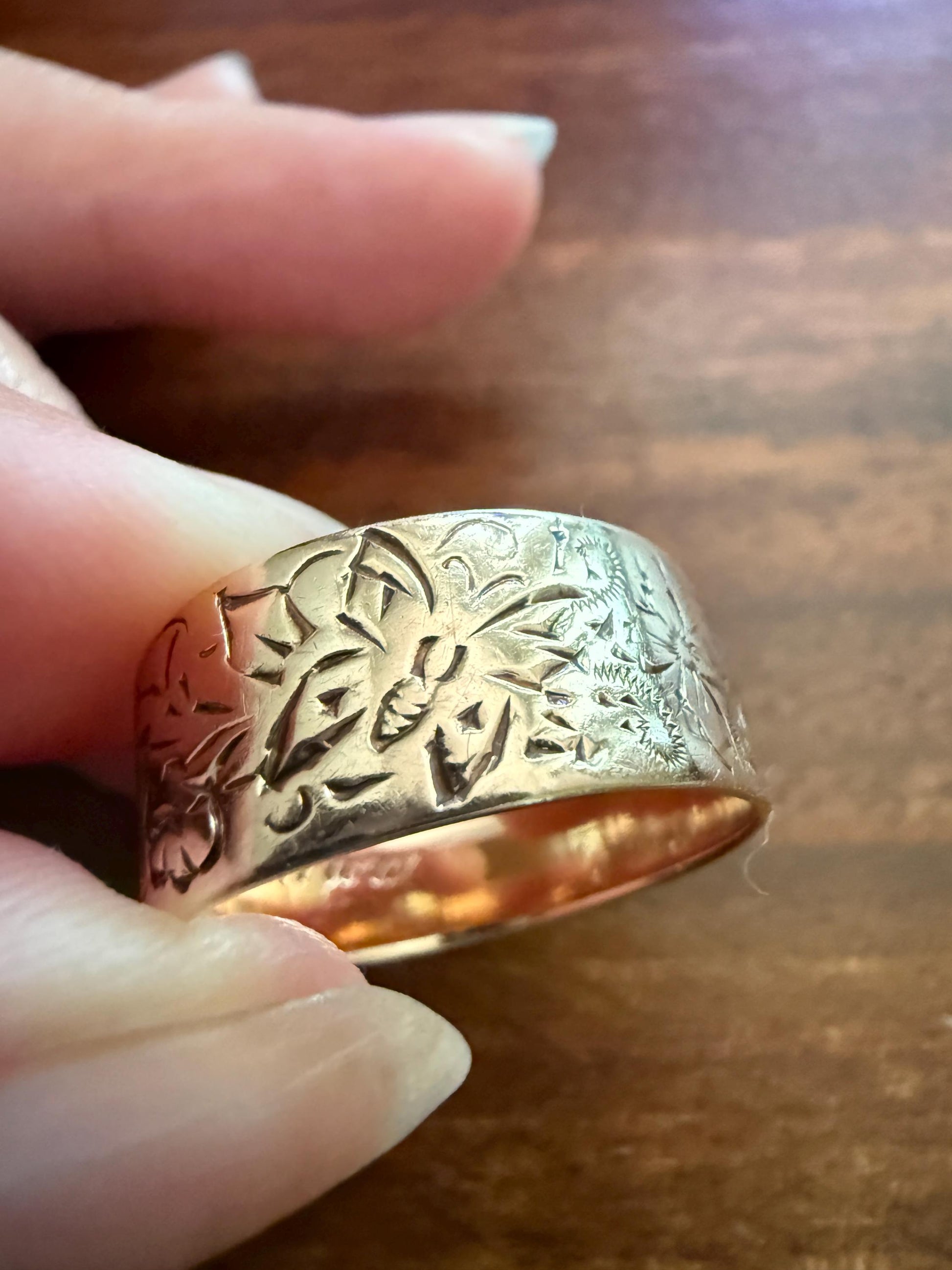 BUTTERFLIES and FLOWERS Wonderful Antique Hand Engraved Wedding Eternity Ring 14k Gold Solid by JR Wood 9mm Wide Cigar Band