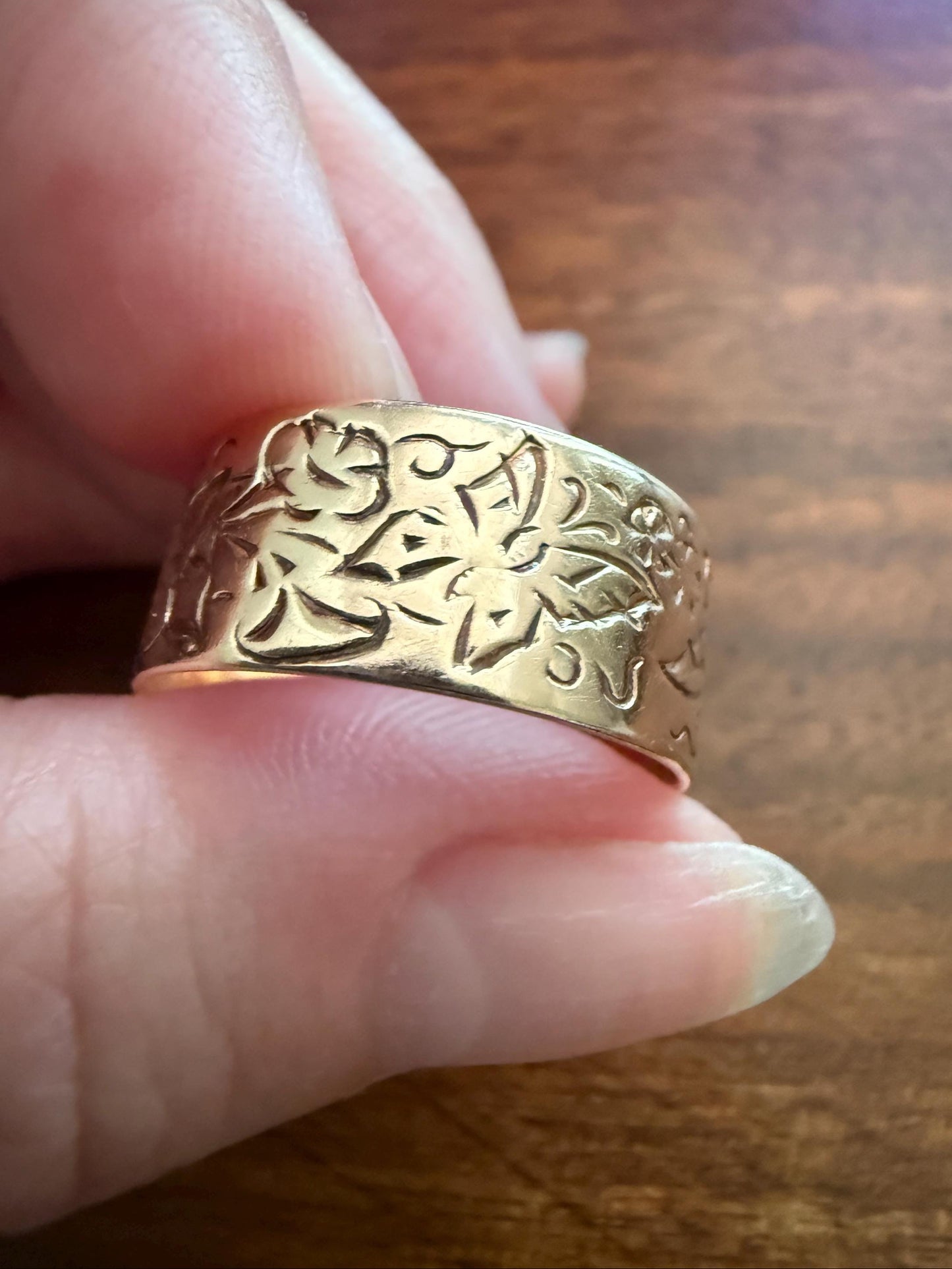 BUTTERFLIES and FLOWERS Wonderful Antique Hand Engraved Wedding Eternity Ring 14k Gold Solid by JR Wood 9mm Wide Cigar Band