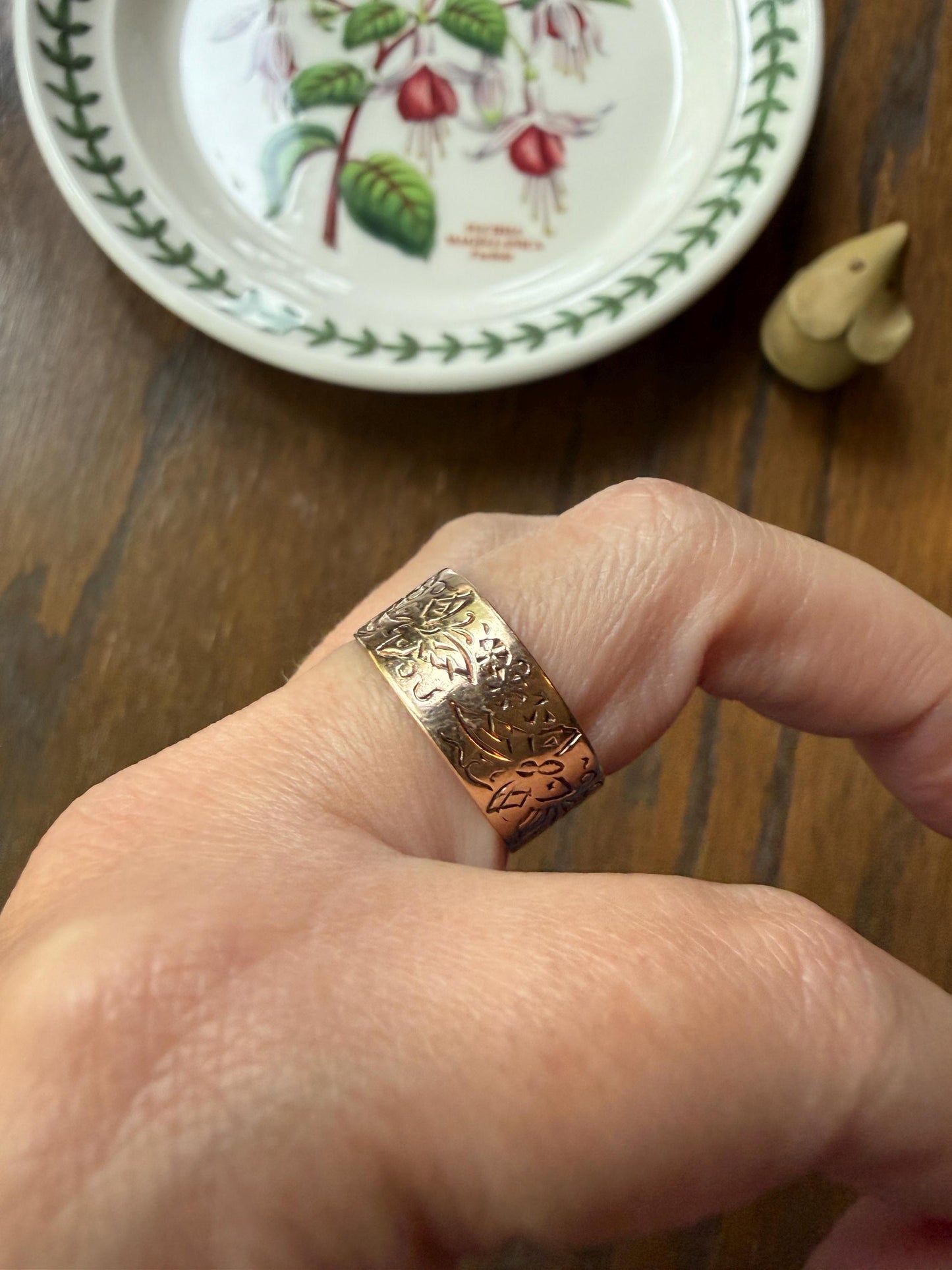 BUTTERFLIES and FLOWERS Wonderful Antique Hand Engraved Wedding Eternity Ring 14k Gold Solid by JR Wood 9mm Wide Cigar Band