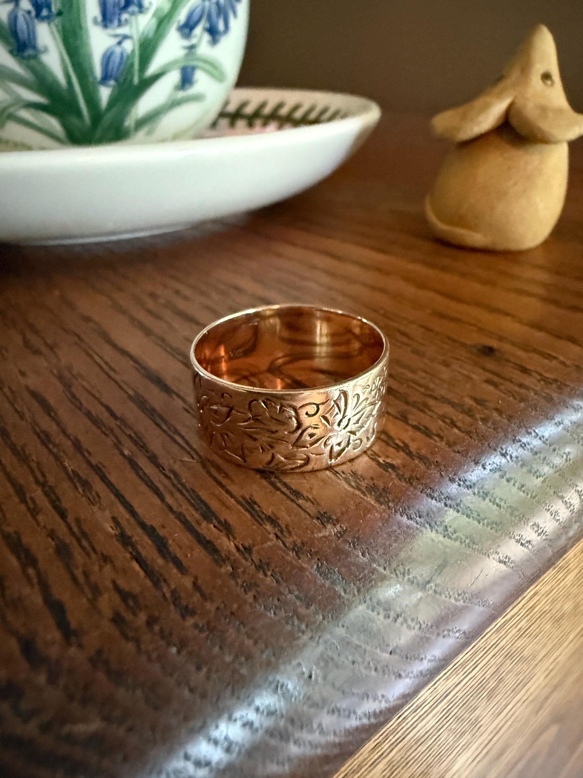 BUTTERFLIES and FLOWERS Wonderful Antique Hand Engraved Wedding Eternity Ring 14k Gold Solid by JR Wood 9mm Wide Cigar Band
