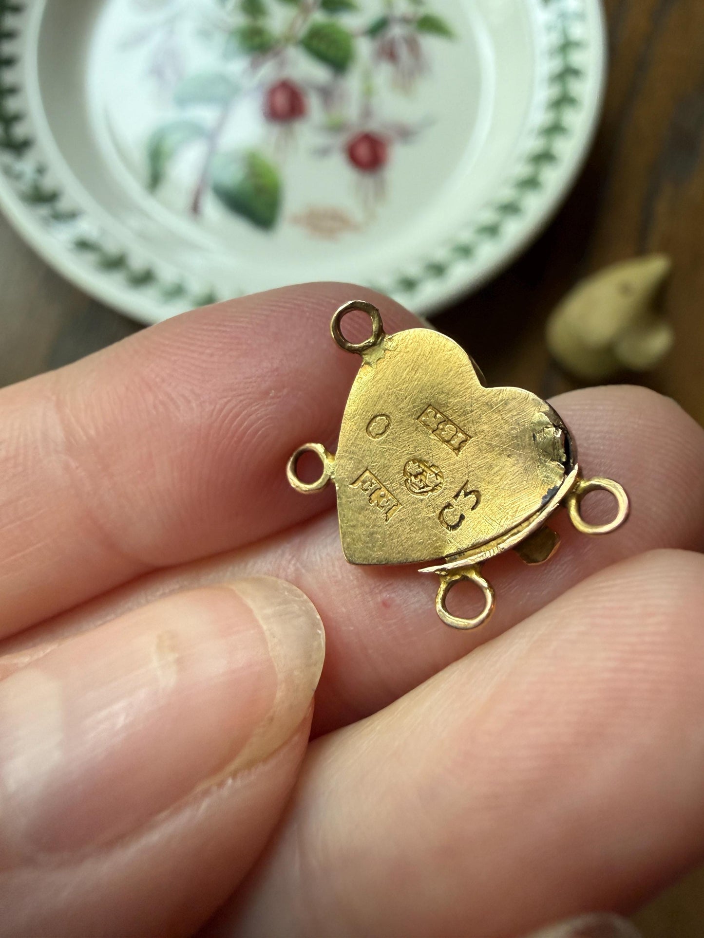 Louise's HEART from c1809 Pansy Floral Figural CLASP Pendant Purple Yellow Enamel Georgian Era 18k Gold Solid Engraved Bracelet Charm Parts