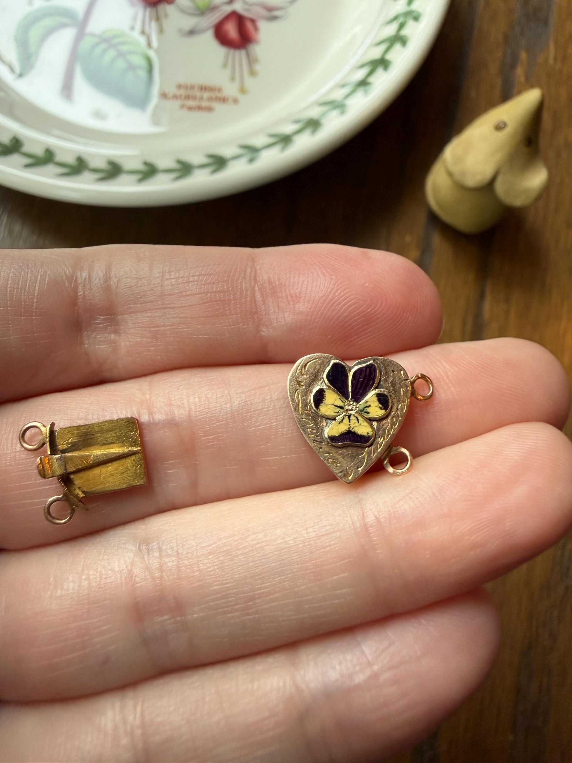 Louise's HEART from c1809 Pansy Floral Figural CLASP Pendant Purple Yellow Enamel Georgian Era 18k Gold Solid Engraved Bracelet Charm Parts