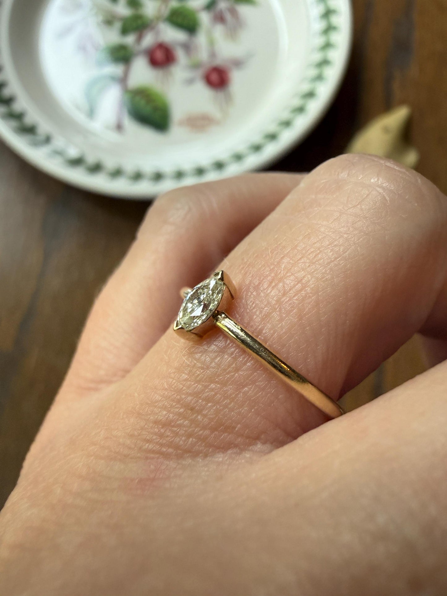 Vintage Sweetie Natural Marquise Navette Cut Diamond Ring on 14k Gold Donut Band Skinny Stacker Minimalist Engagement Pinky Ring