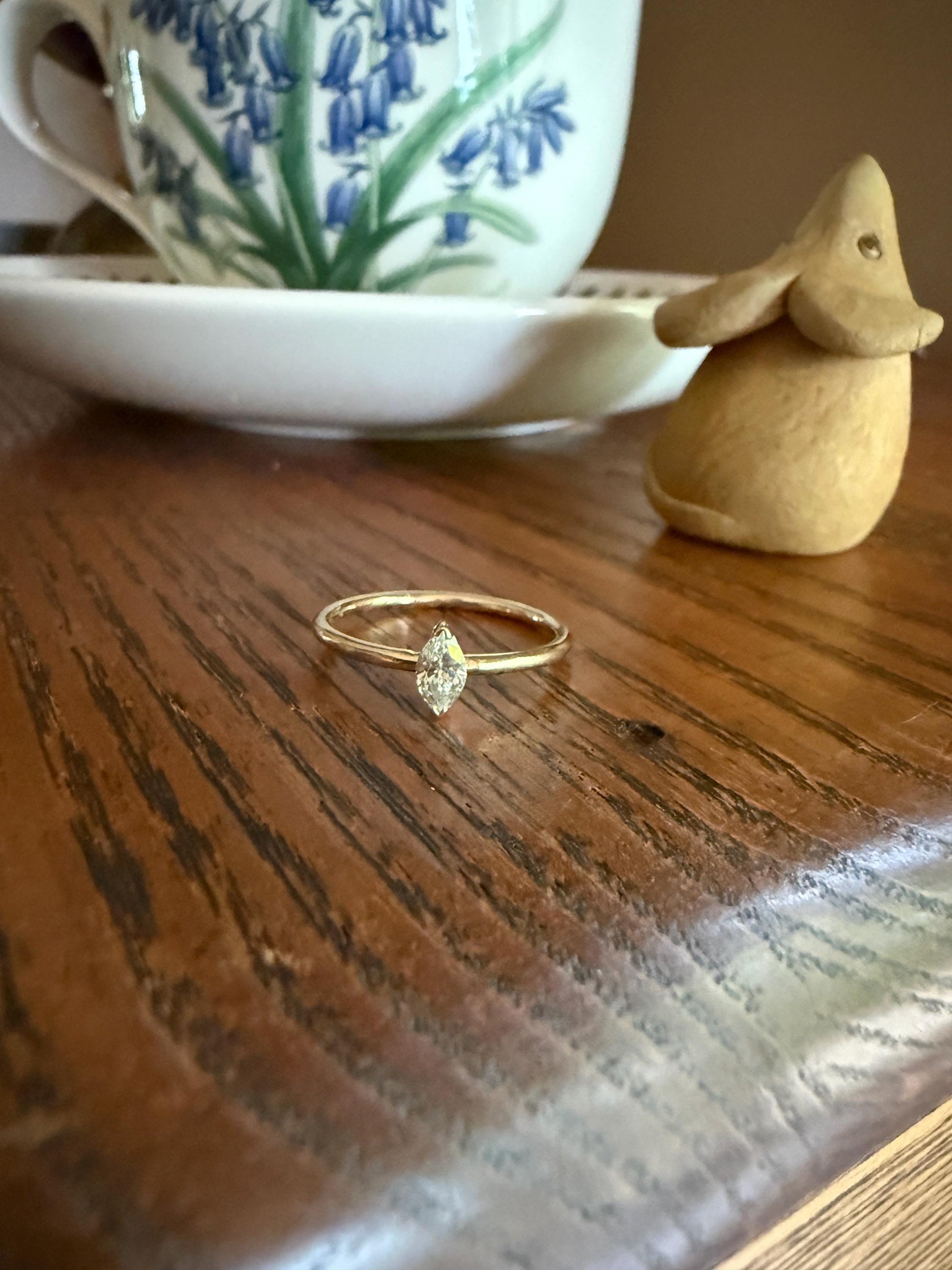 Vintage Sweetie Natural Marquise Navette Cut Diamond Ring on 14k Gold Donut Band Skinny Stacker Minimalist Engagement Pinky Ring