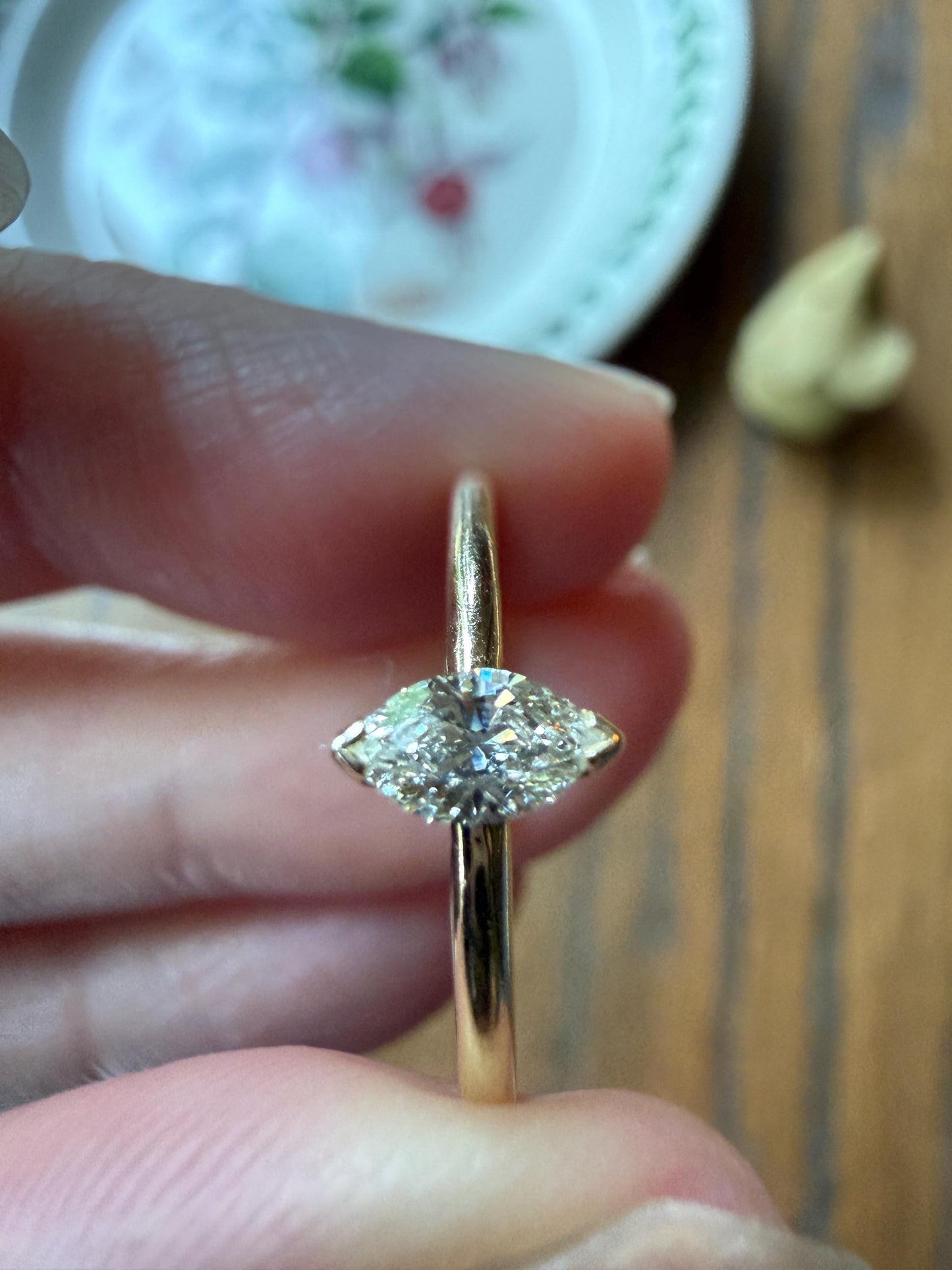 Vintage Sweetie Natural Marquise Navette Cut Diamond Ring on 14k Gold Donut Band Skinny Stacker Minimalist Engagement Pinky Ring