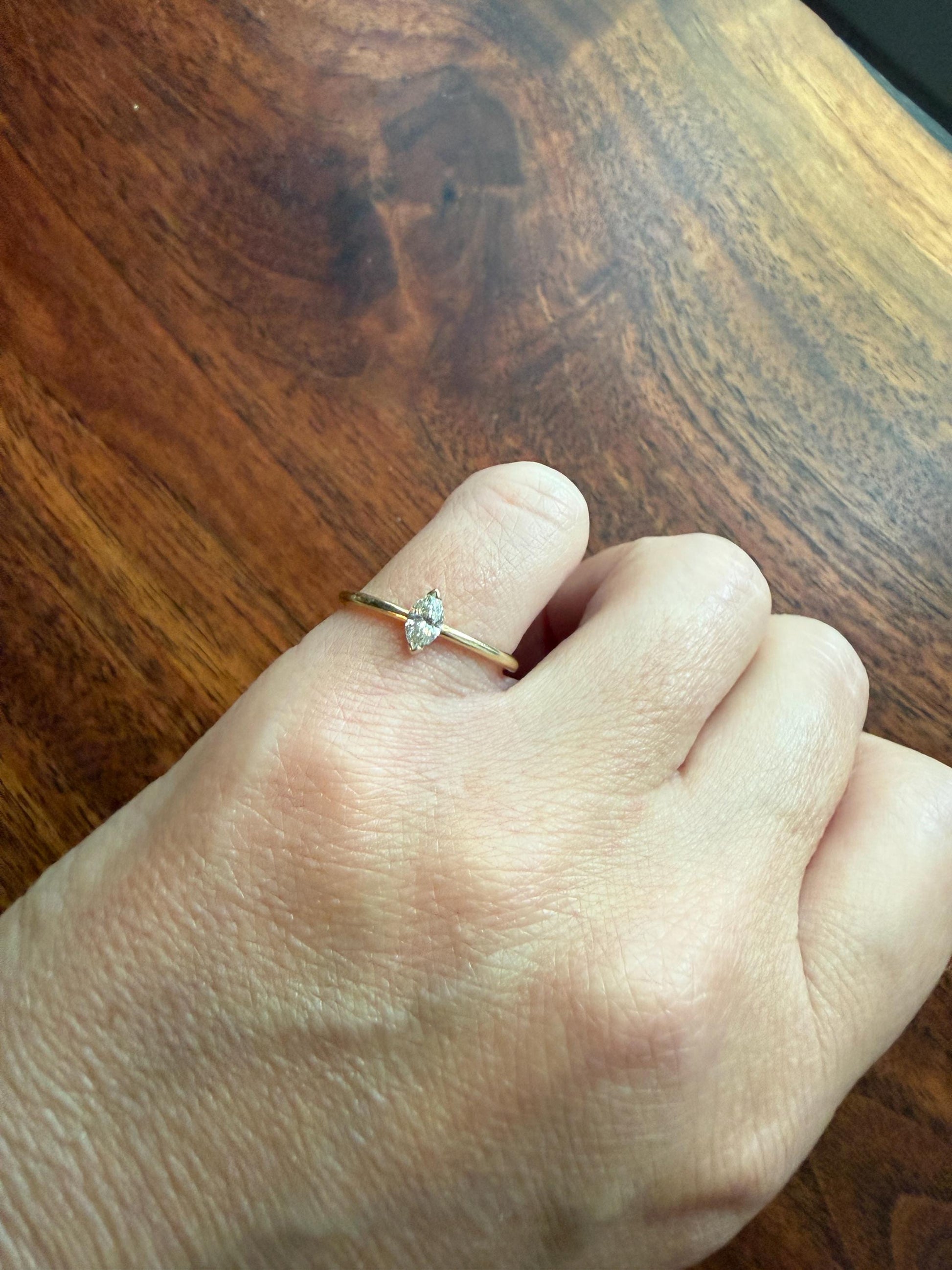 Vintage Sweetie Natural Marquise Navette Cut Diamond Ring on 14k Gold Donut Band Skinny Stacker Minimalist Engagement Pinky Ring