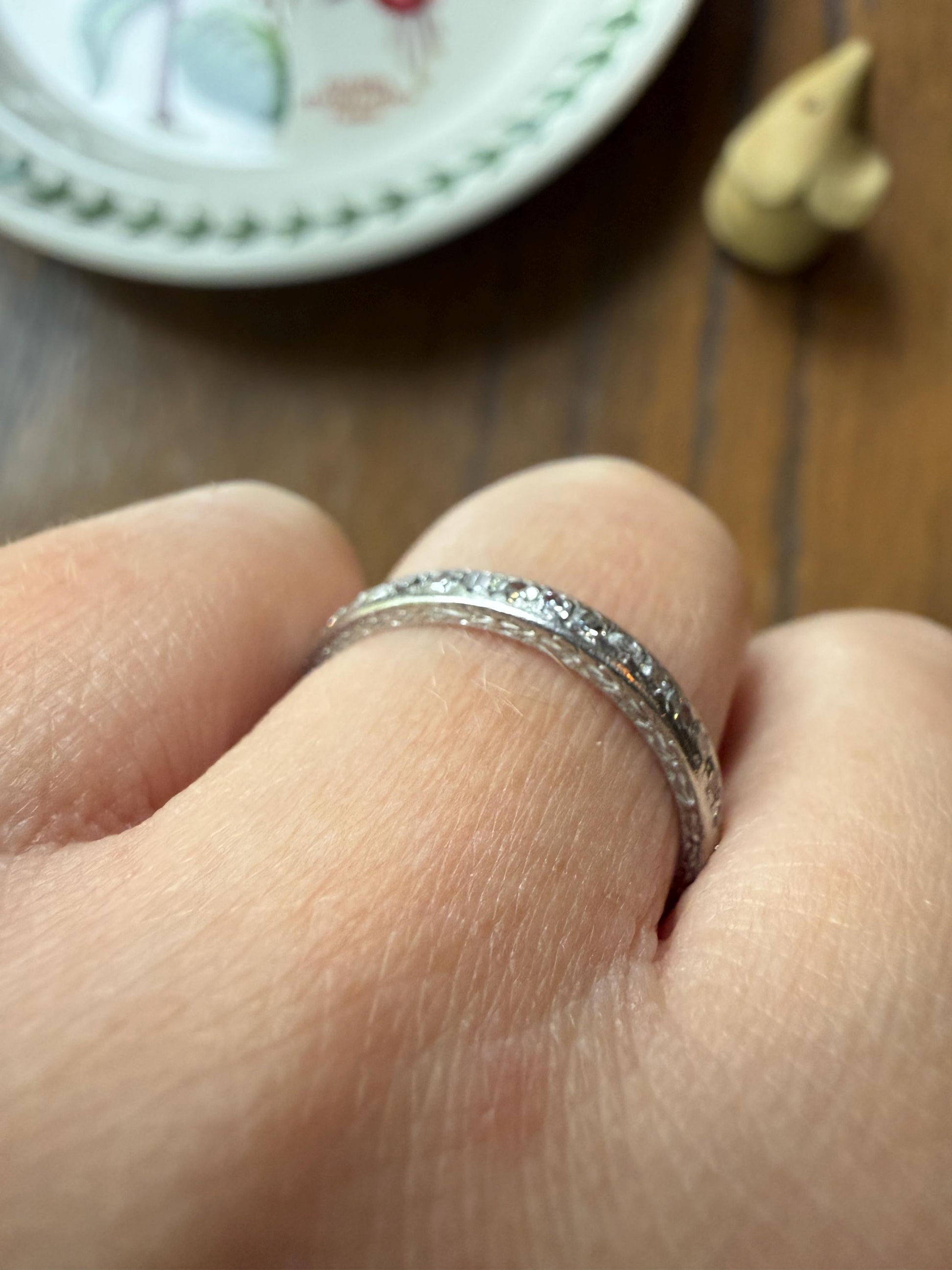 DATED 12/3 1930 Old Mine Single Cut Diamond Half Hoop PLATINUM Vintage Art Deco Stacker Skinny Wedding Band Engraved