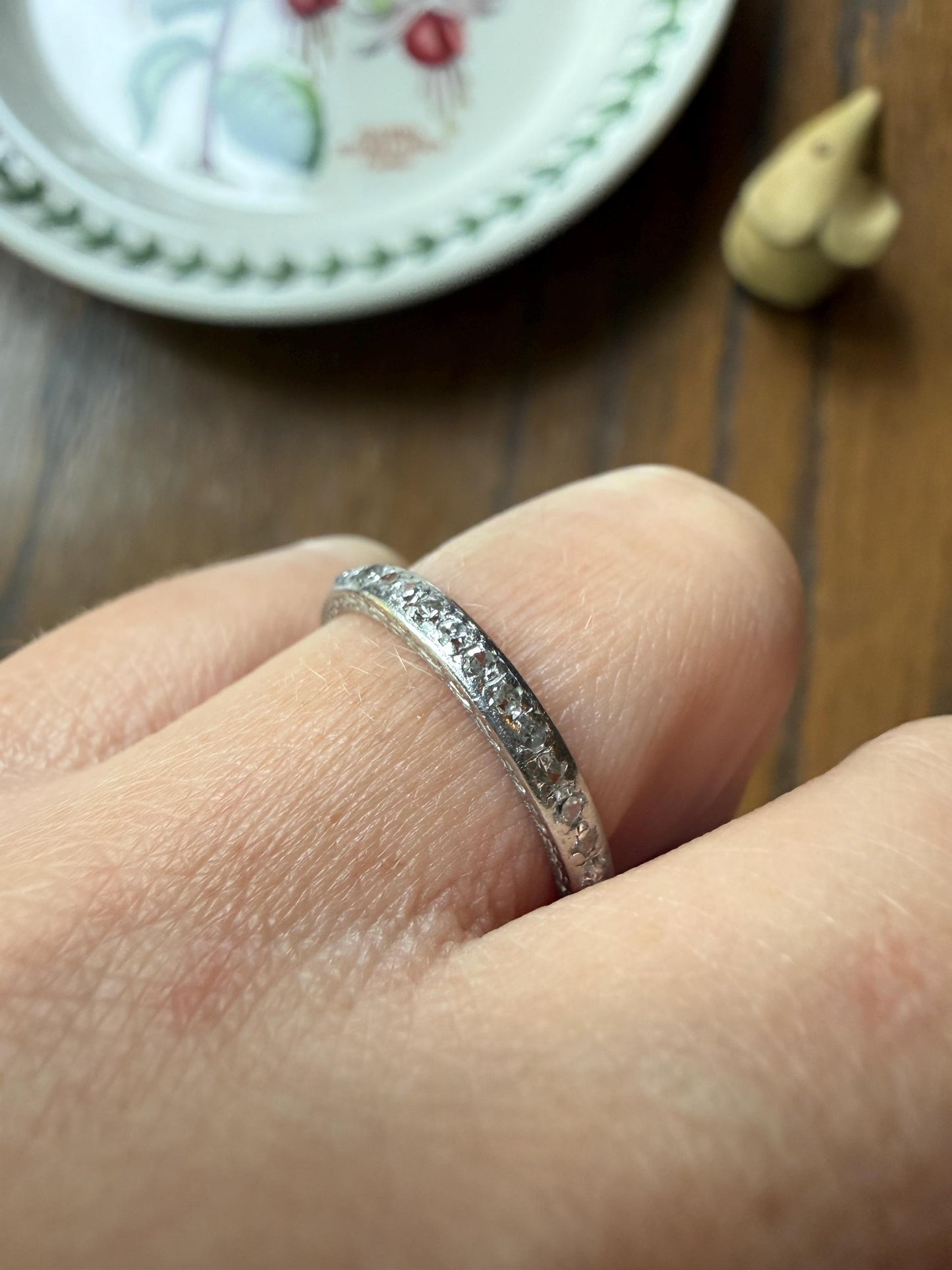 DATED 12/3 1930 Old Mine Single Cut Diamond Half Hoop PLATINUM Vintage Art Deco Stacker Skinny Wedding Band Engraved