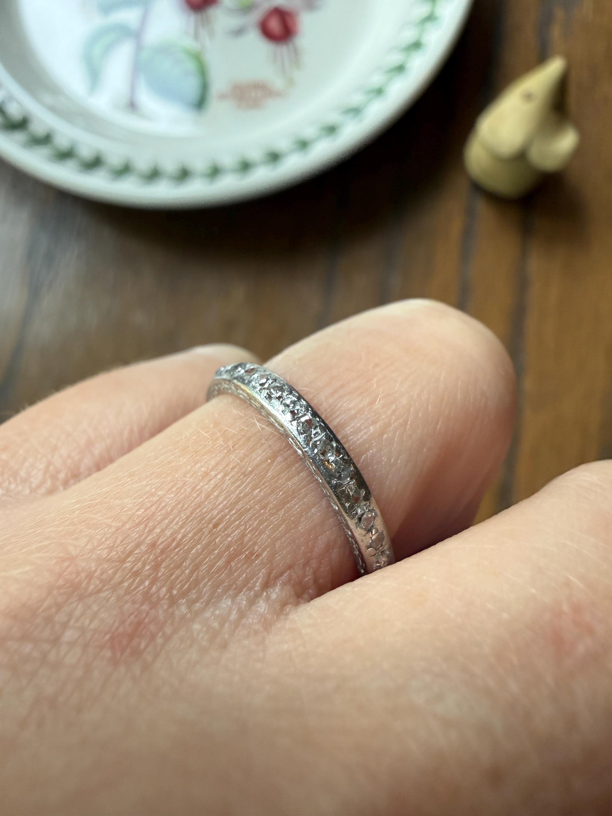 DATED 12/3 1930 Old Mine Single Cut Diamond Half Hoop PLATINUM Vintage Art Deco Stacker Skinny Wedding Band Engraved