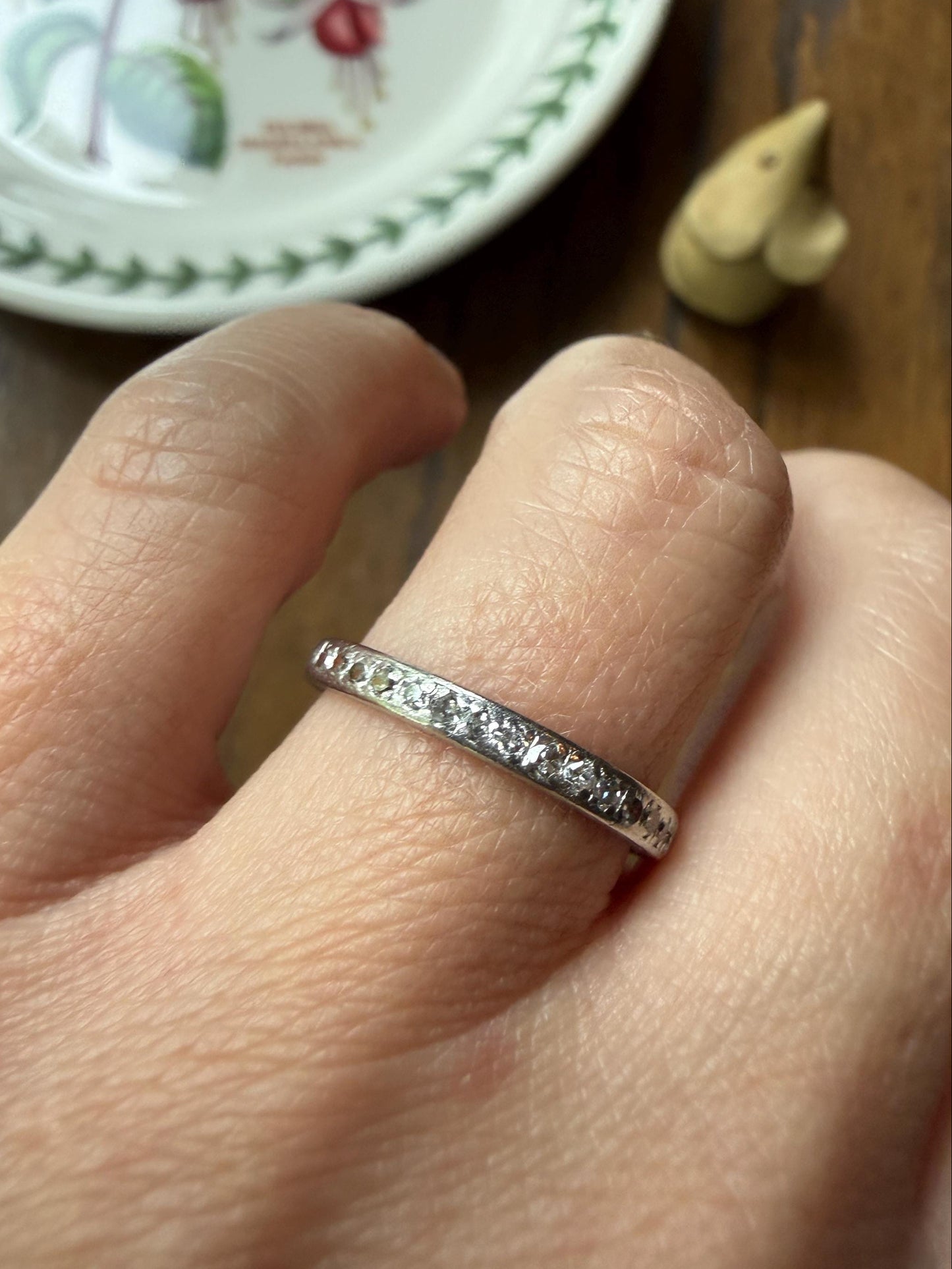 DATED 12/3 1930 Old Mine Single Cut Diamond Half Hoop PLATINUM Vintage Art Deco Stacker Skinny Wedding Band Engraved