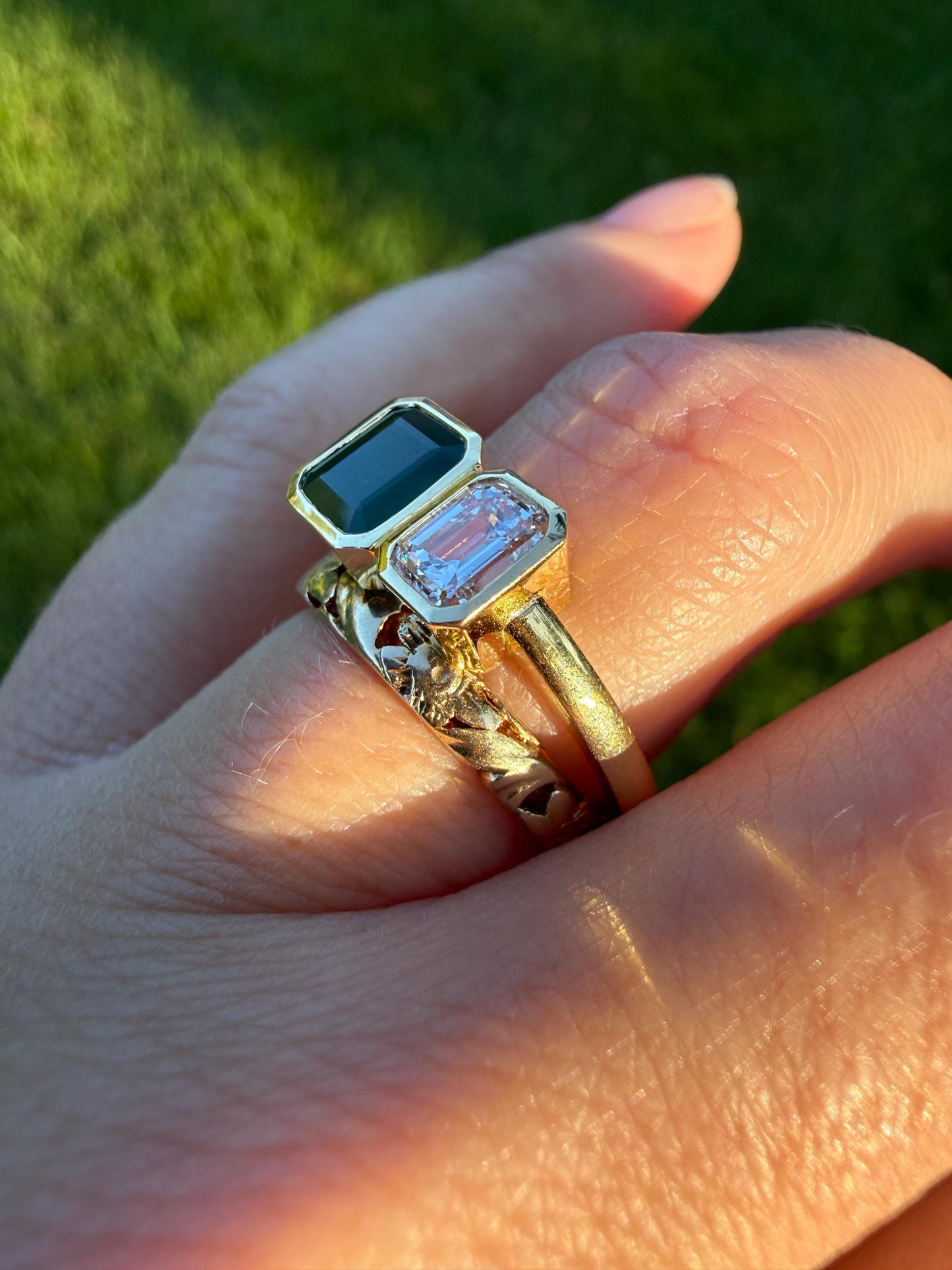 Vintage Emerald Cut Diamond Natural Green Emerald Toi et Moi Ring French 18k Gold Bezel Set Geometric Stacker Ring Unique Engagement