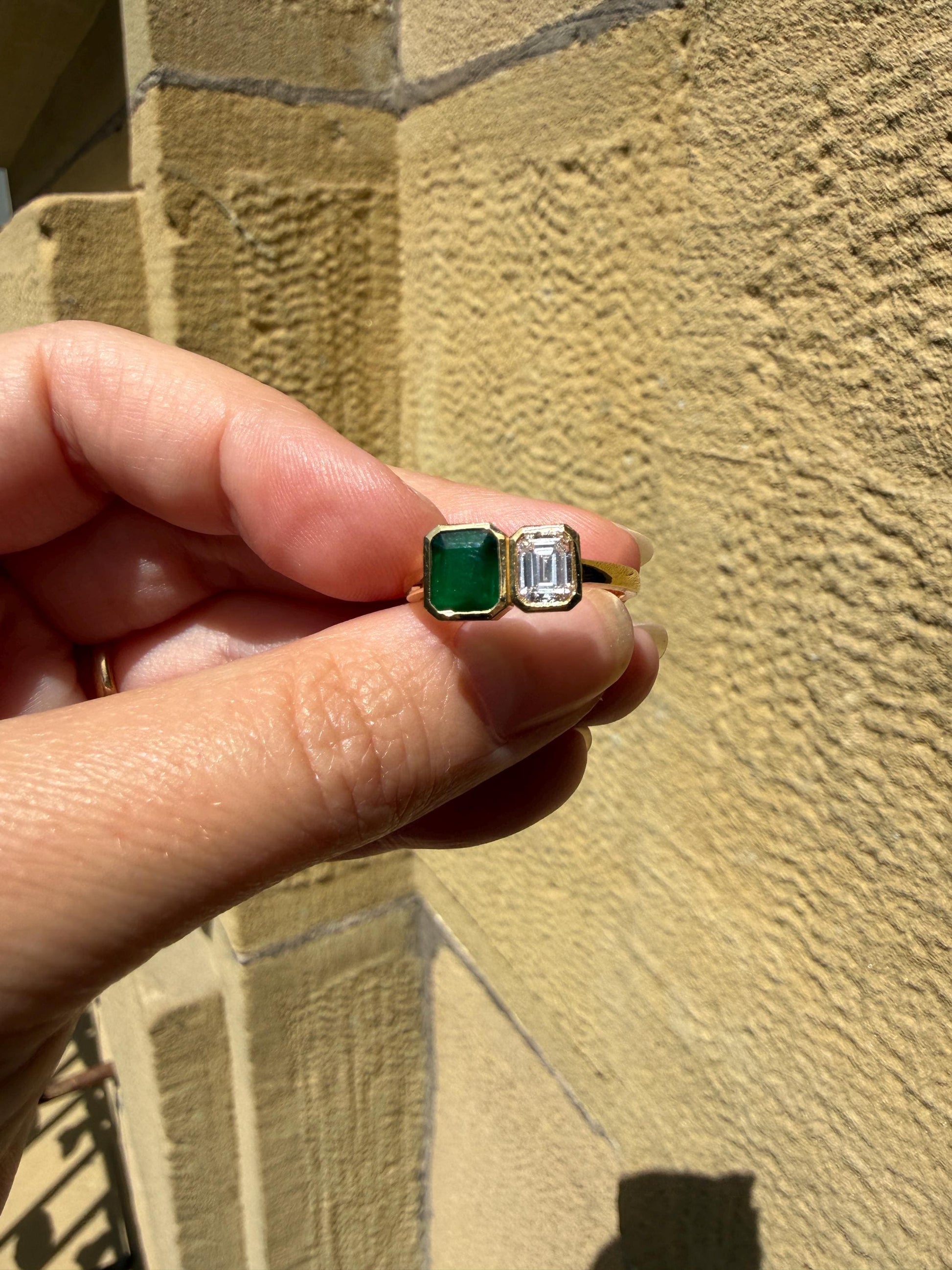 Vintage Emerald Cut Diamond Natural Green Emerald Toi et Moi Ring French 18k Gold Bezel Set Geometric Stacker Ring Unique Engagement