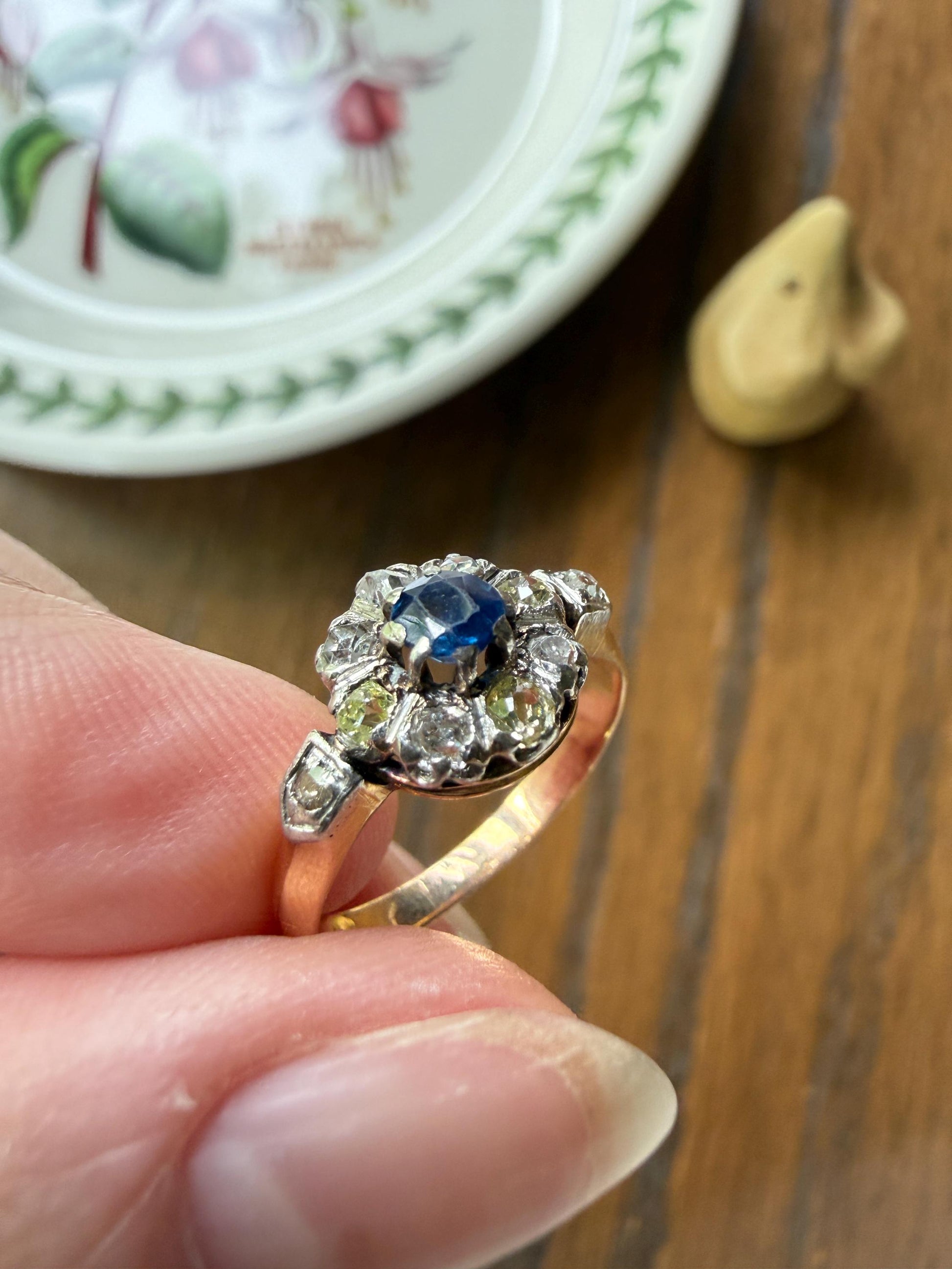 Antique Natural Sapphire Mixed Old Cut Diamond Halo Ring French Victorian 18k Gold Mine Rose & Table Cut Fancy Light Yellow Cluster Blue