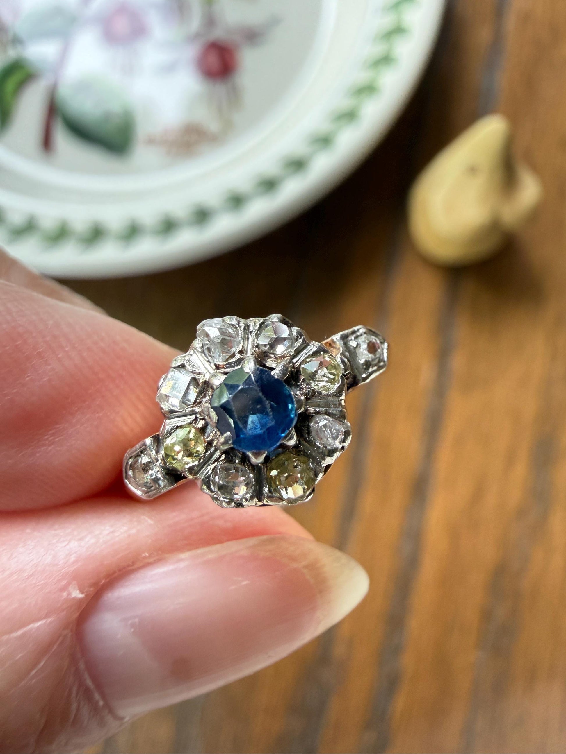 Antique Natural Sapphire Mixed Old Cut Diamond Halo Ring French Victorian 18k Gold Mine Rose & Table Cut Fancy Light Yellow Cluster Blue