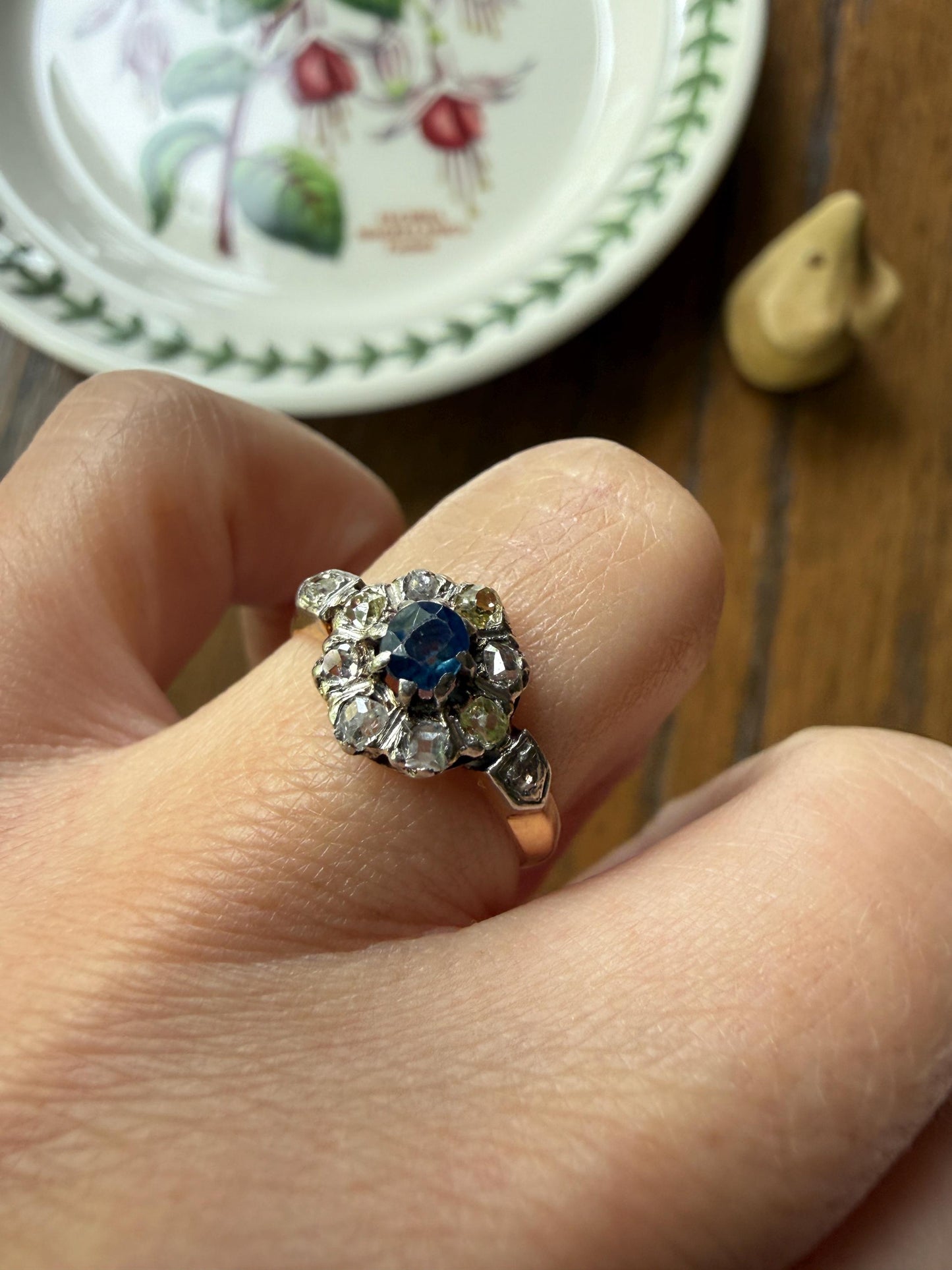 Antique Natural Sapphire Mixed Old Cut Diamond Halo Ring French Victorian 18k Gold Mine Rose & Table Cut Fancy Light Yellow Cluster Blue