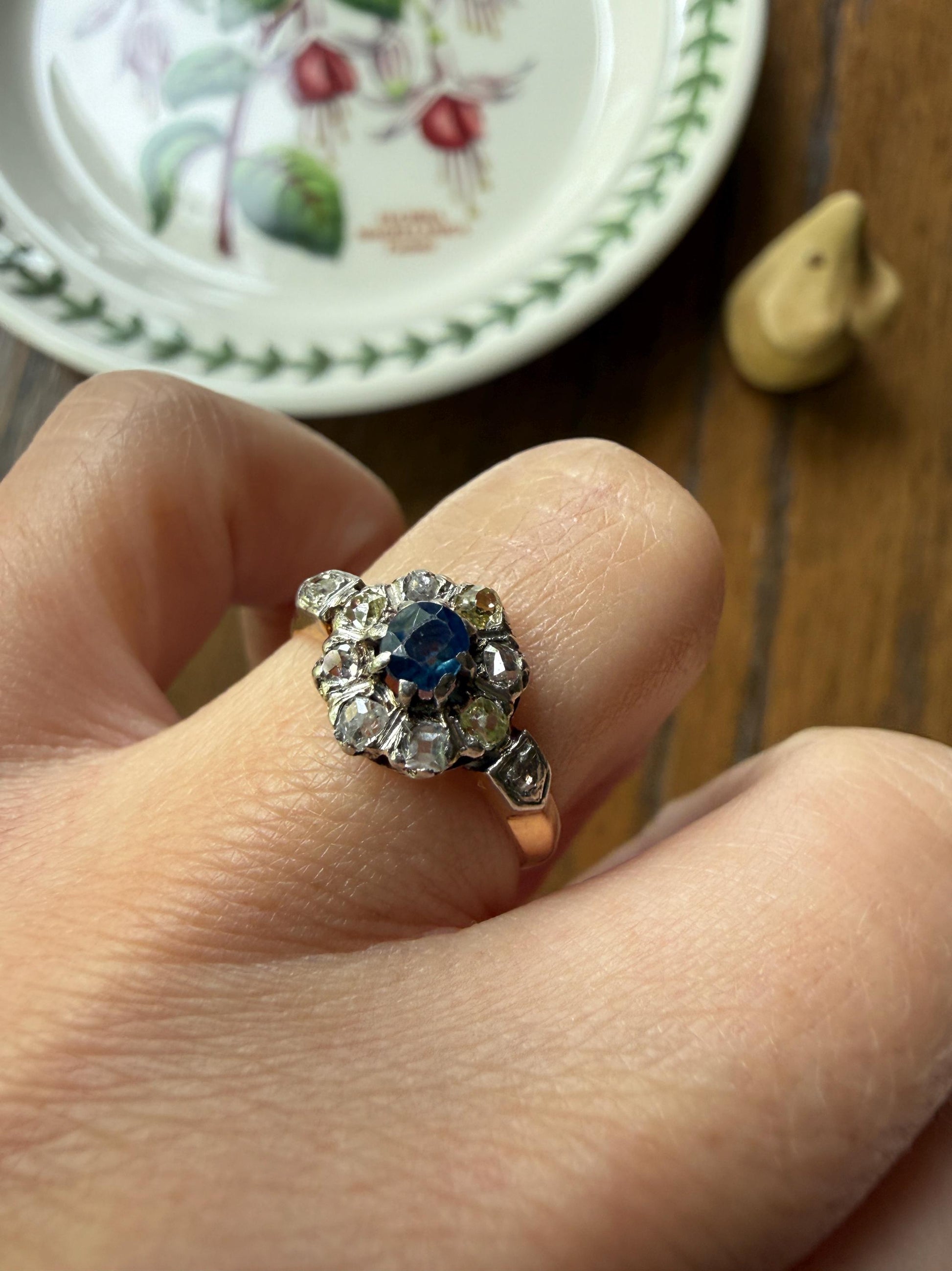 Antique Natural Sapphire Mixed Old Cut Diamond Halo Ring French Victorian 18k Gold Mine Rose & Table Cut Fancy Light Yellow Cluster Blue