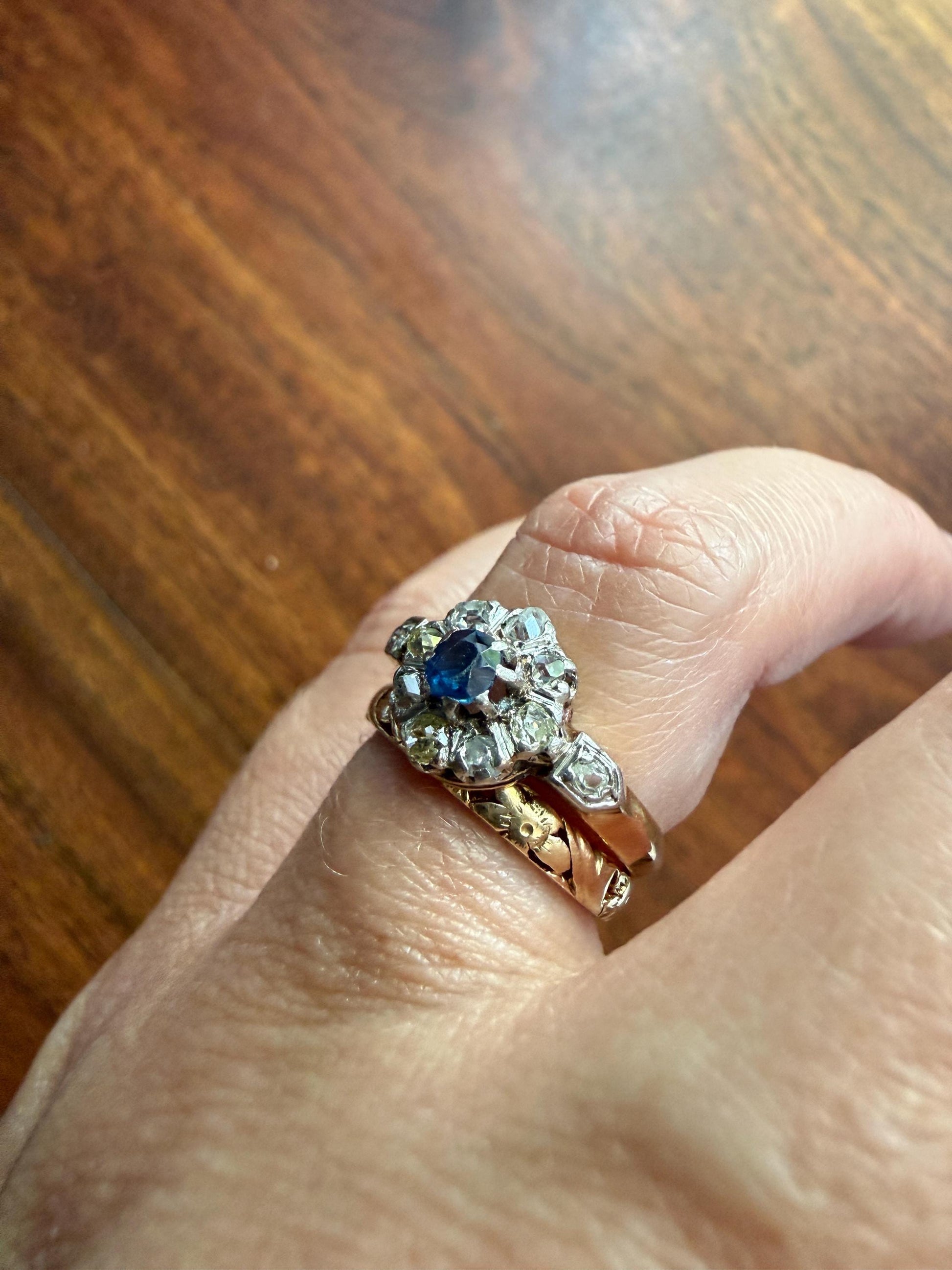 Antique Natural Sapphire Mixed Old Cut Diamond Halo Ring French Victorian 18k Gold Mine Rose & Table Cut Fancy Light Yellow Cluster Blue
