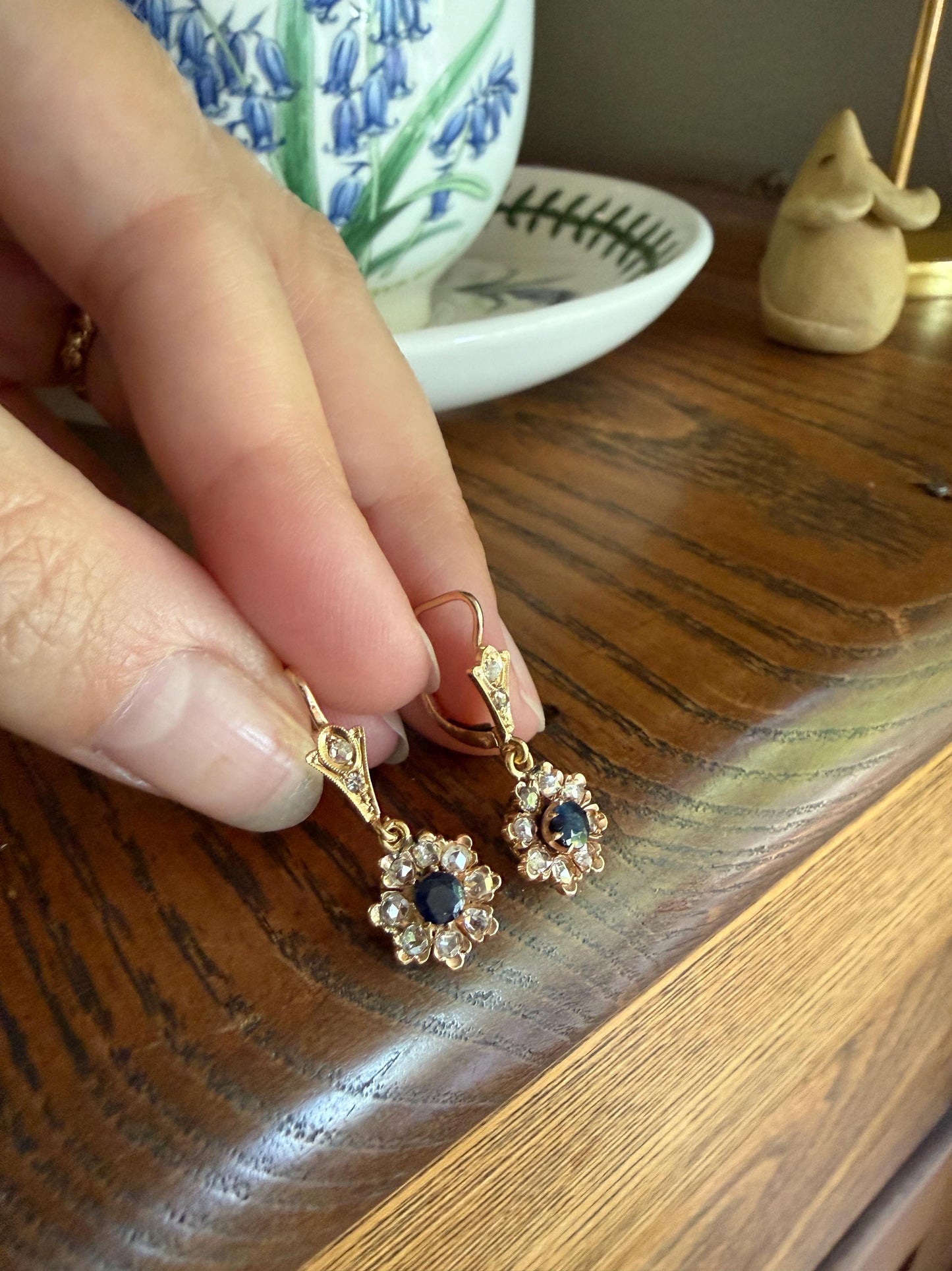 ANTIQUE Rose Cut DIAMOND Natural Blue SAPPHIRE Floral Daisy Cluster Dangle Earrings 18k Gold Rosy Linear Drops Flower Petals