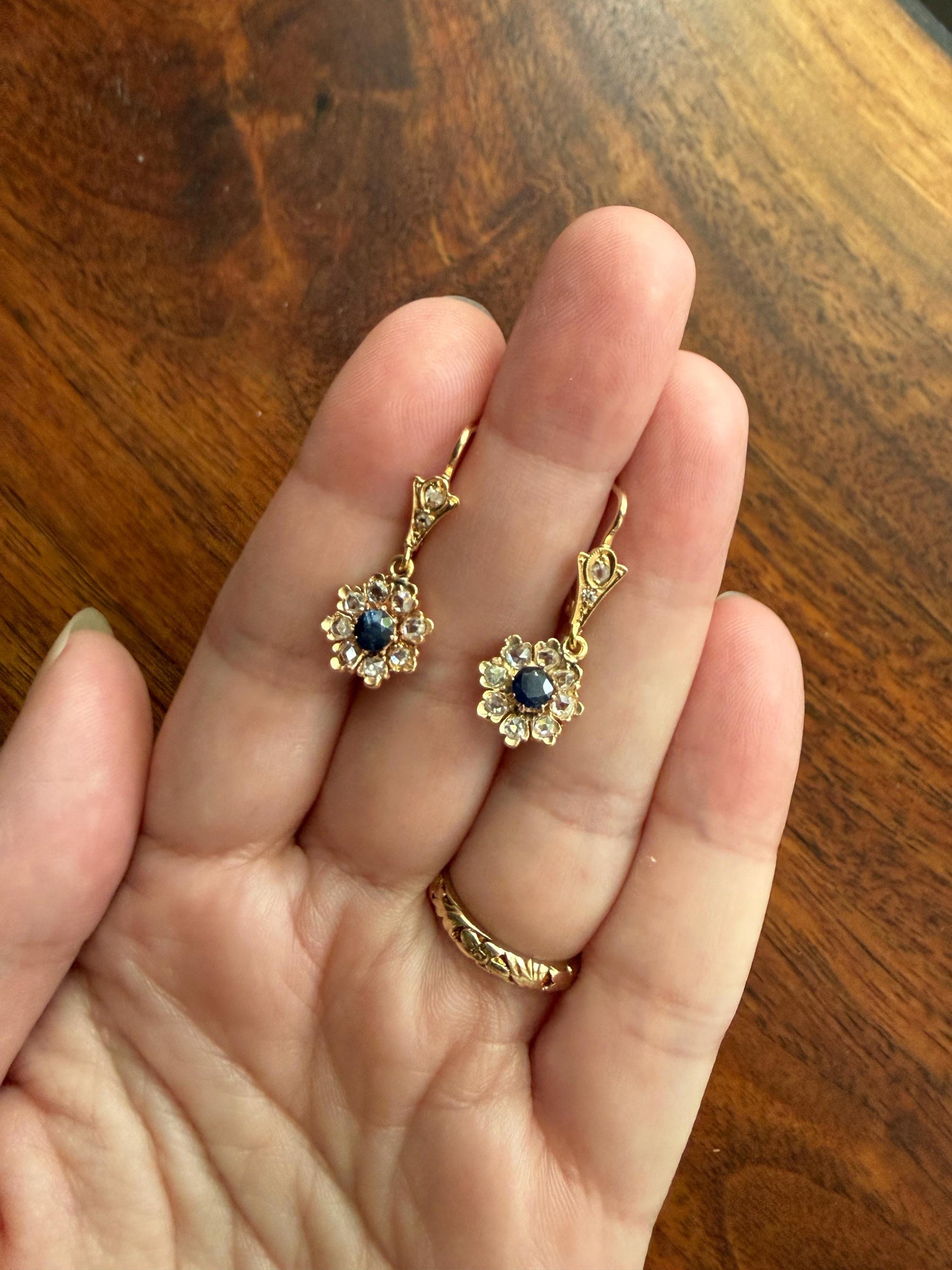 ANTIQUE Rose Cut DIAMOND Natural Blue SAPPHIRE Floral Daisy Cluster Dangle Earrings 18k Gold Rosy Linear Drops Flower Petals