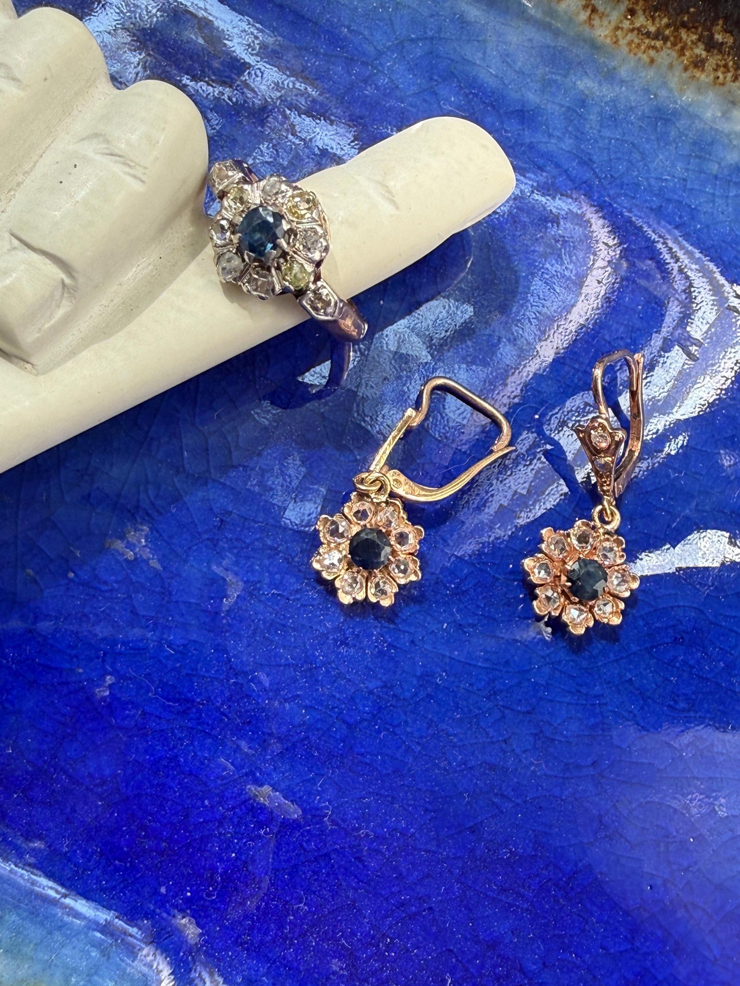 Antique Natural Sapphire Mixed Old Cut Diamond Halo Ring French Victorian 18k Gold Mine Rose & Table Cut Fancy Light Yellow Cluster Blue