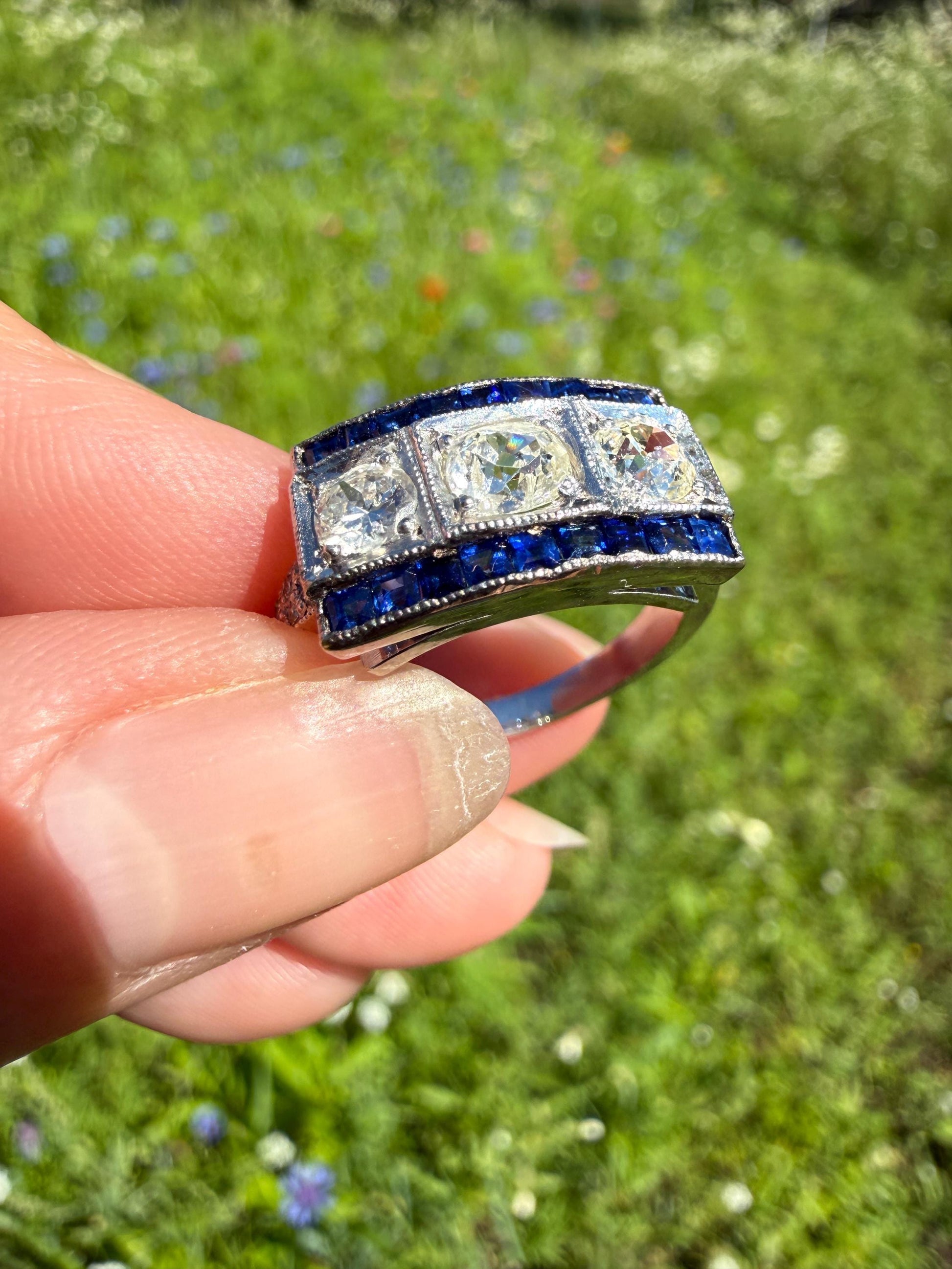 Vintage 1.25 Carat Transitional Old Mine Cut Diamond Natural Sapphire Ring 18k White Gold Carre Blue Art Deco Geometric Stacker Band