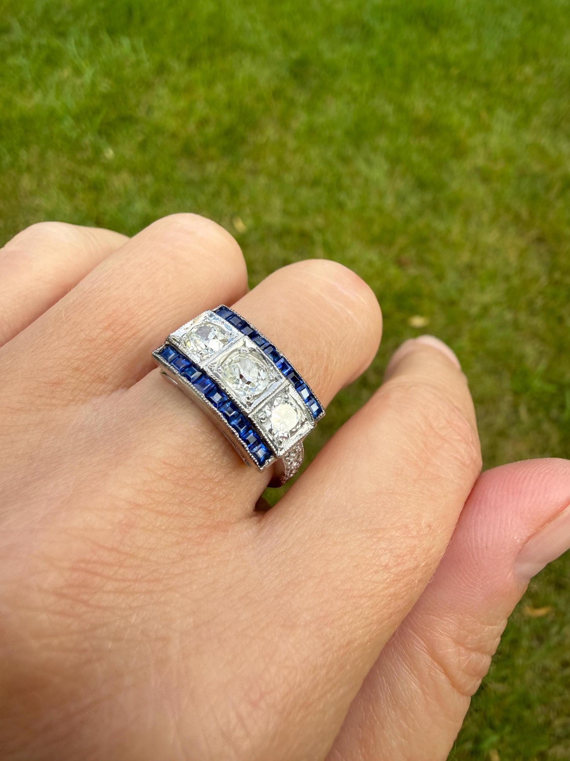 Vintage 1.25 Carat Transitional Old Mine Cut Diamond Natural Sapphire Ring 18k White Gold Carre Blue Art Deco Geometric Stacker Band