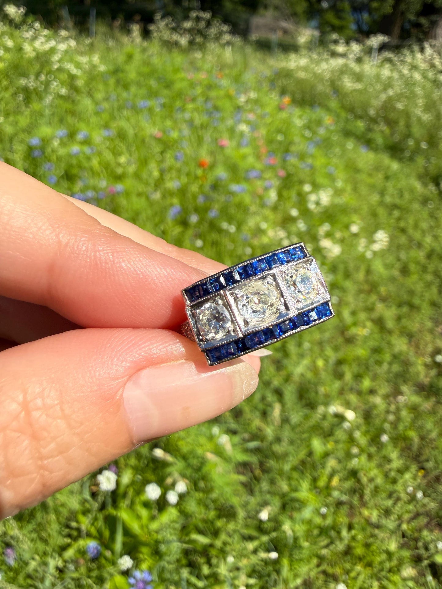 Vintage 1.25 Carat Transitional Old Mine Cut Diamond Natural Sapphire Ring 18k White Gold Carre Blue Art Deco Geometric Stacker Band