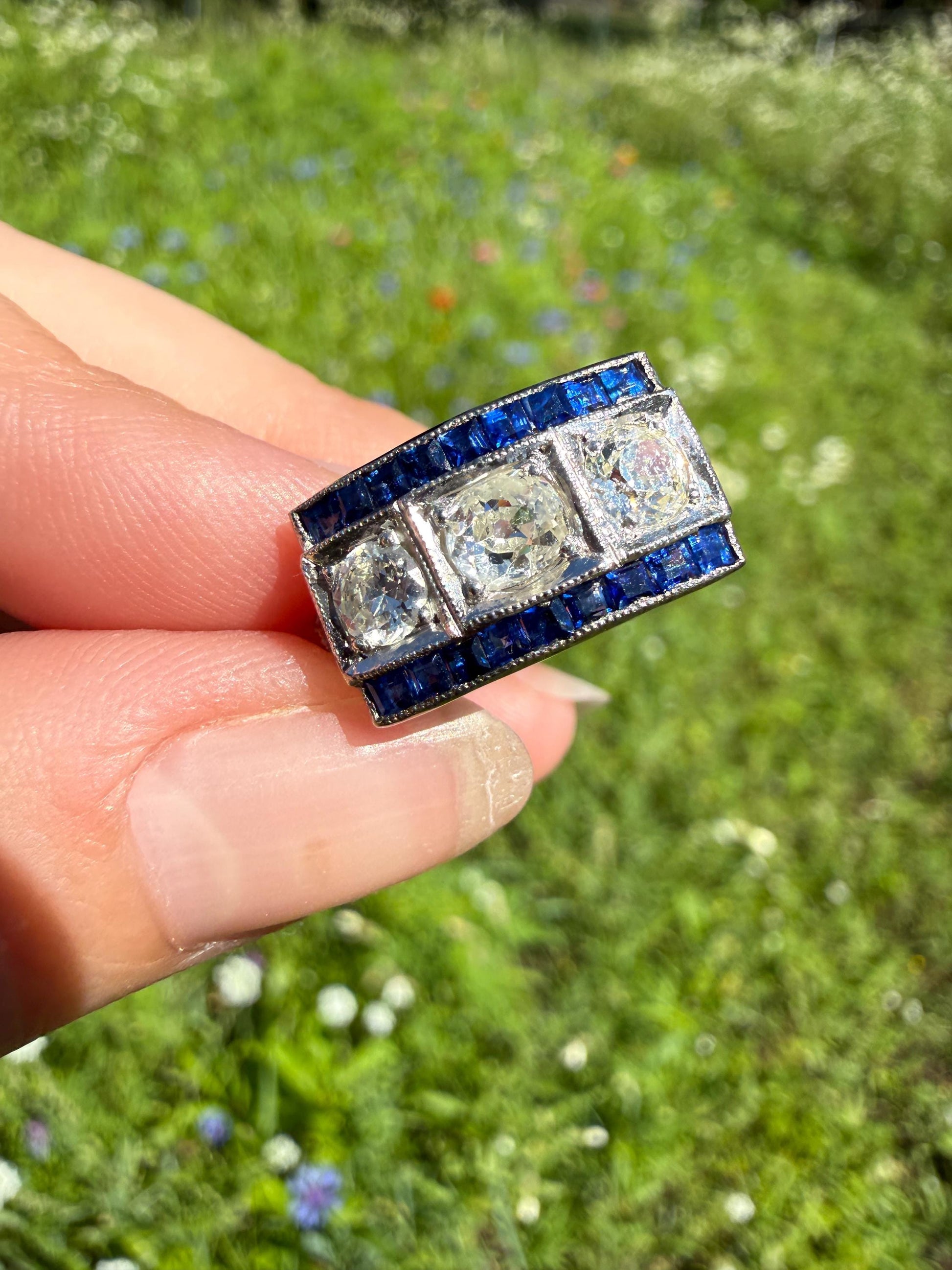 Vintage 1.25 Carat Transitional Old Mine Cut Diamond Natural Sapphire Ring 18k White Gold Carre Blue Art Deco Geometric Stacker Band