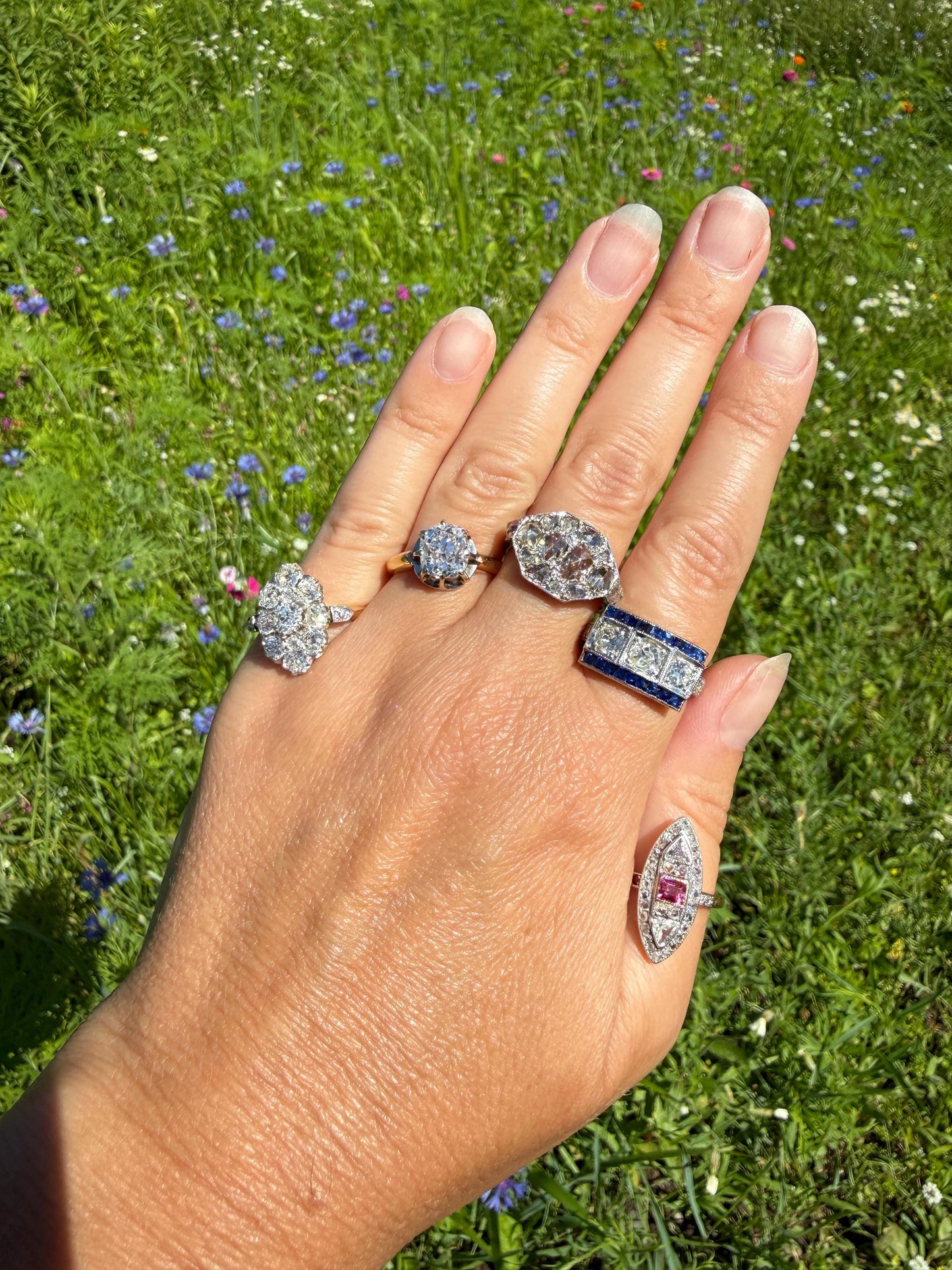 Vintage 1.25 Carat Transitional Old Mine Cut Diamond Natural Sapphire Ring 18k White Gold Carre Blue Art Deco Geometric Stacker Band