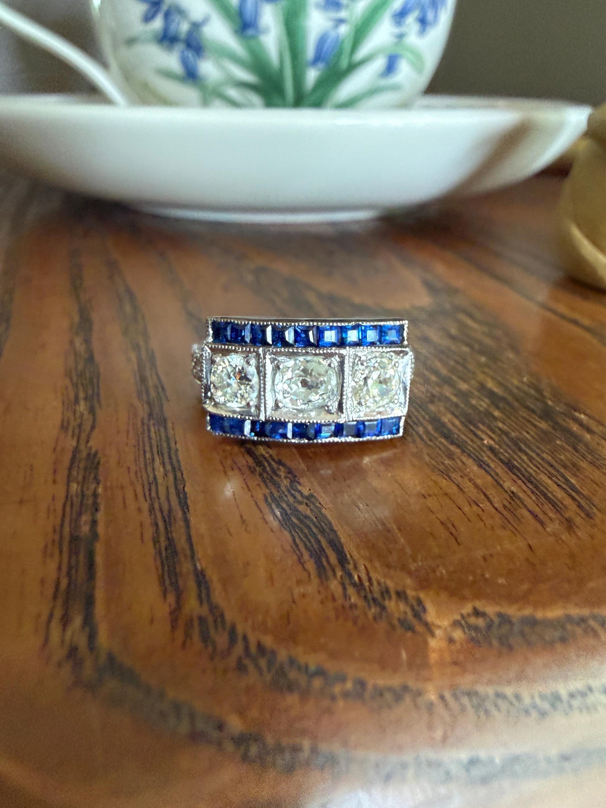 Vintage 1.25 Carat Transitional Old Mine Cut Diamond Natural Sapphire Ring 18k White Gold Carre Blue Art Deco Geometric Stacker Band