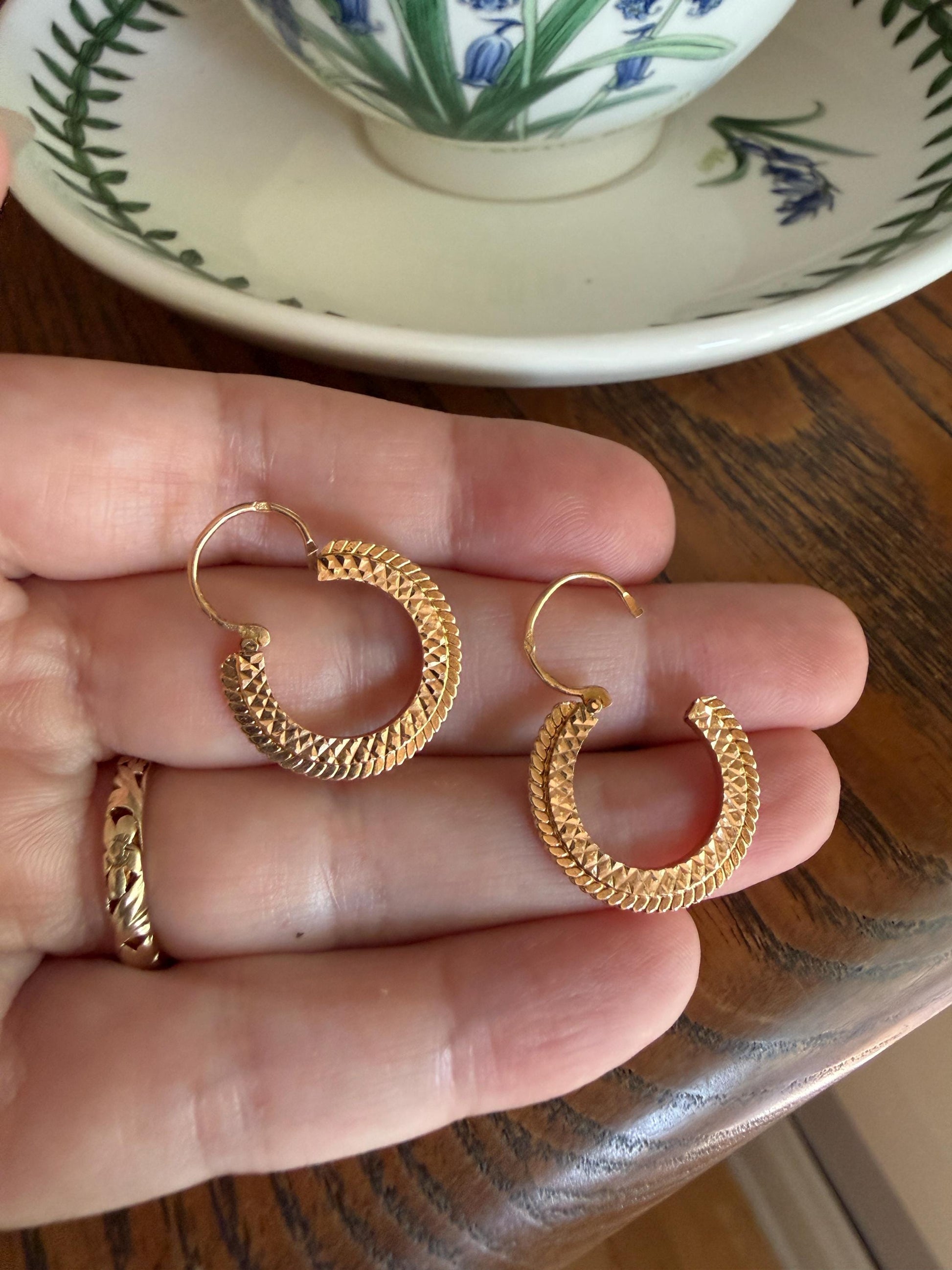 French Vintage CREOLE Hoop EARRINGS 18k Gold Dangle Beveled Shimmering Bright Cut Braided CrisCross Gypsy
