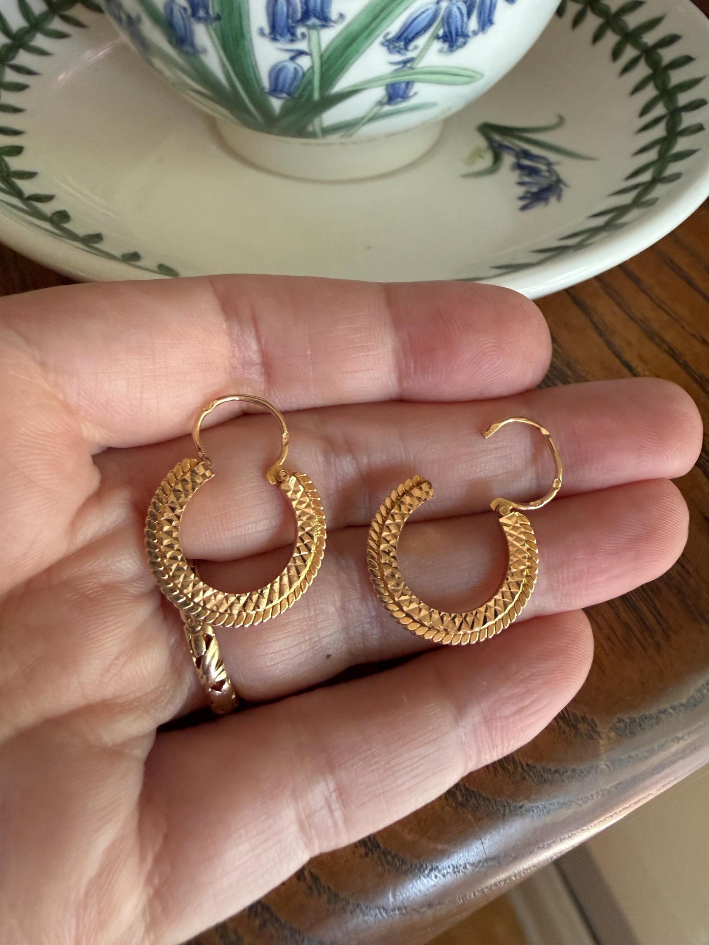French Vintage CREOLE Hoop EARRINGS 18k Gold Dangle Beveled Shimmering Bright Cut Braided CrisCross Gypsy