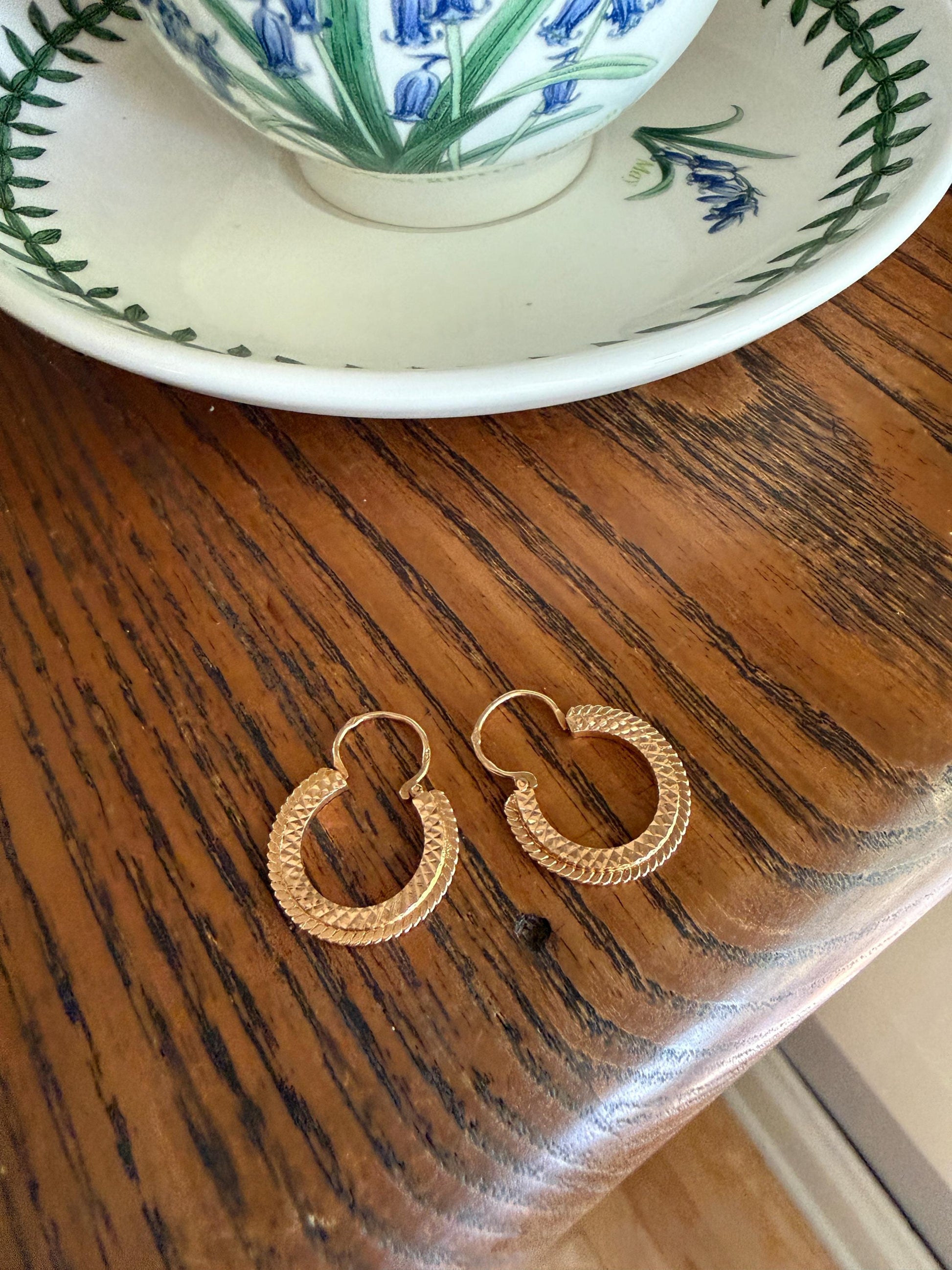 French Vintage CREOLE Hoop EARRINGS 18k Gold Dangle Beveled Shimmering Bright Cut Braided CrisCross Gypsy
